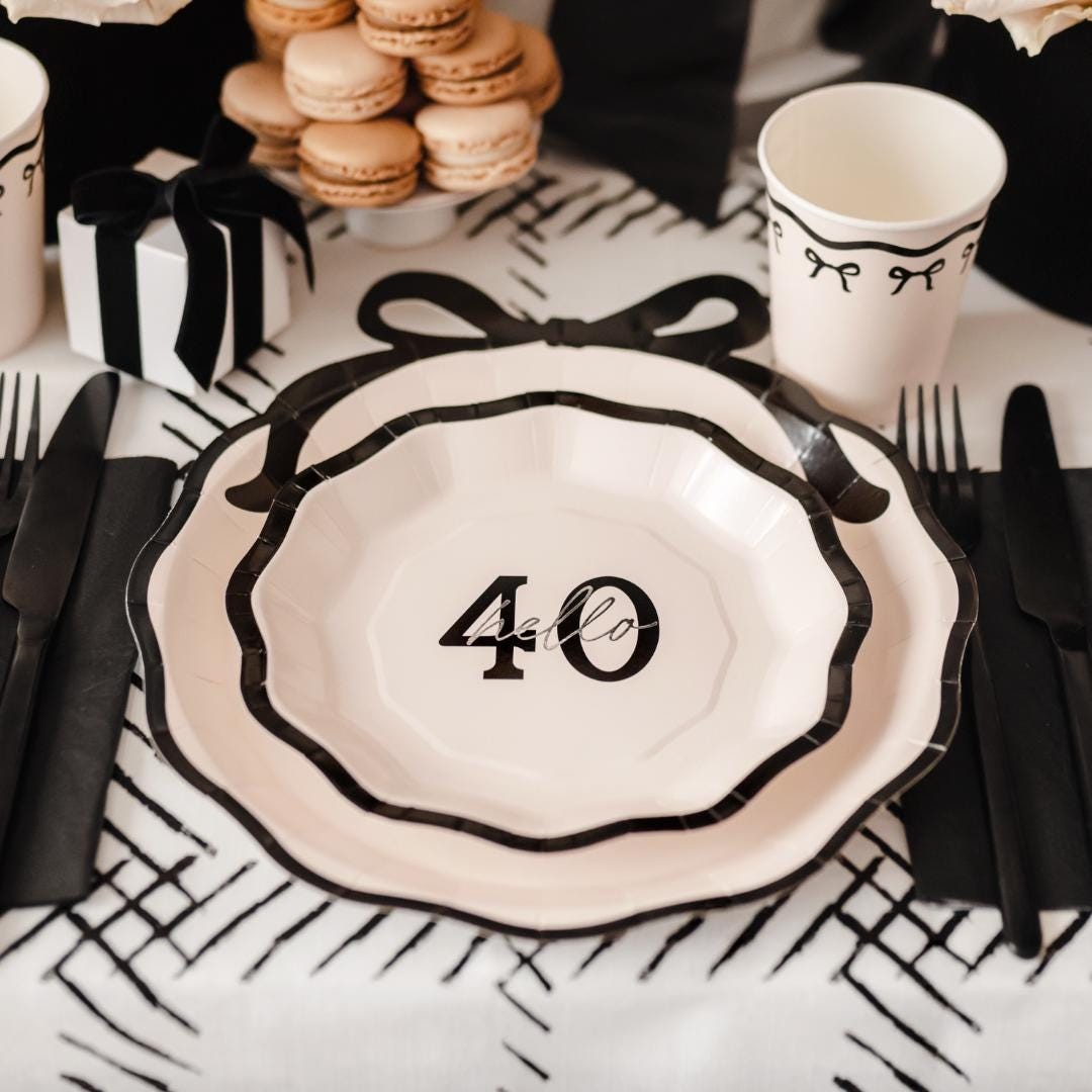 40th Birthday Paper Plates – Hello 40 Milestone Birthday – Cream & Black Party P