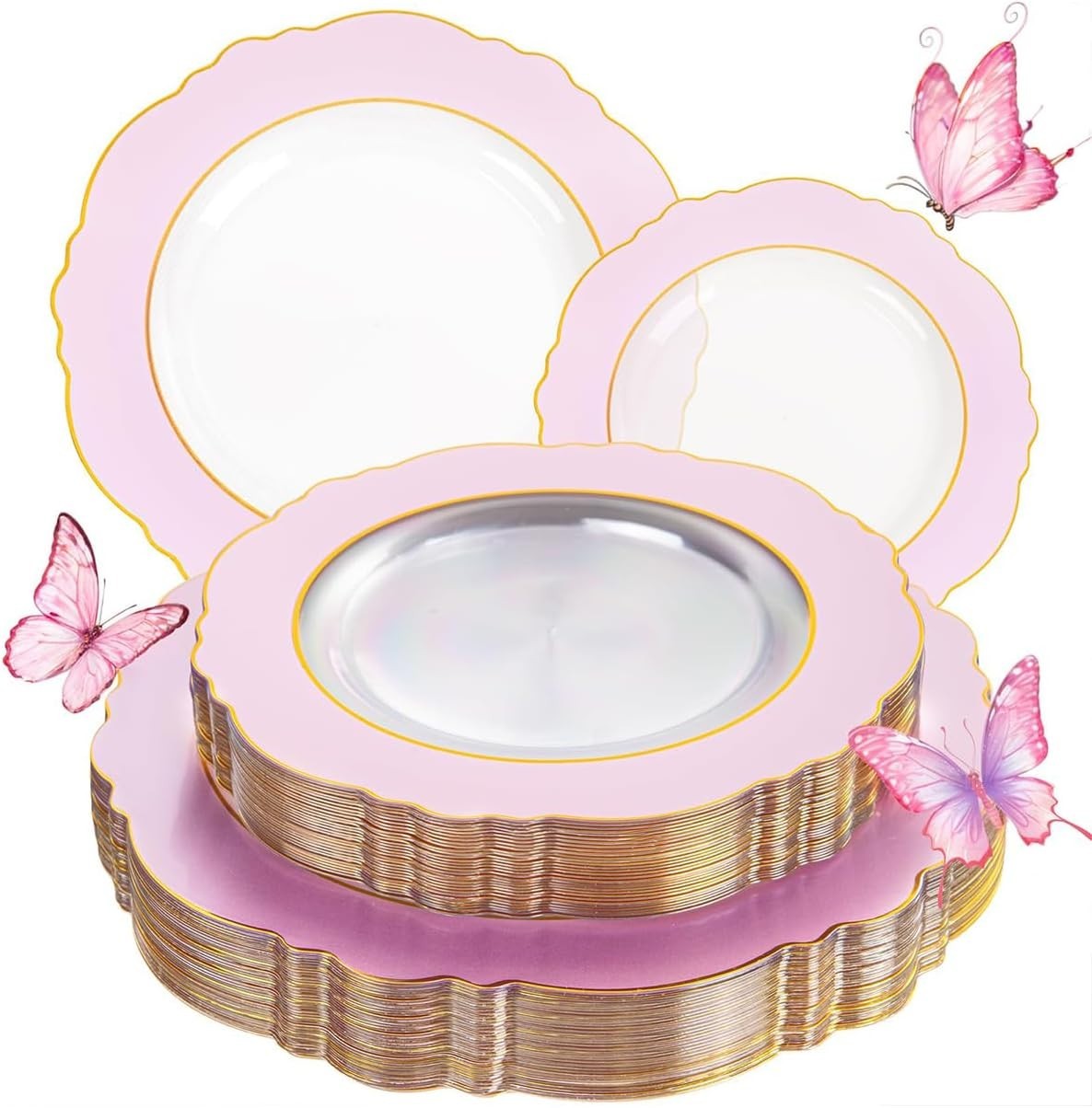 60Pcs Pink Plates Disposable with Gold Rim – Baroque Clear Pink and Gold Plas…