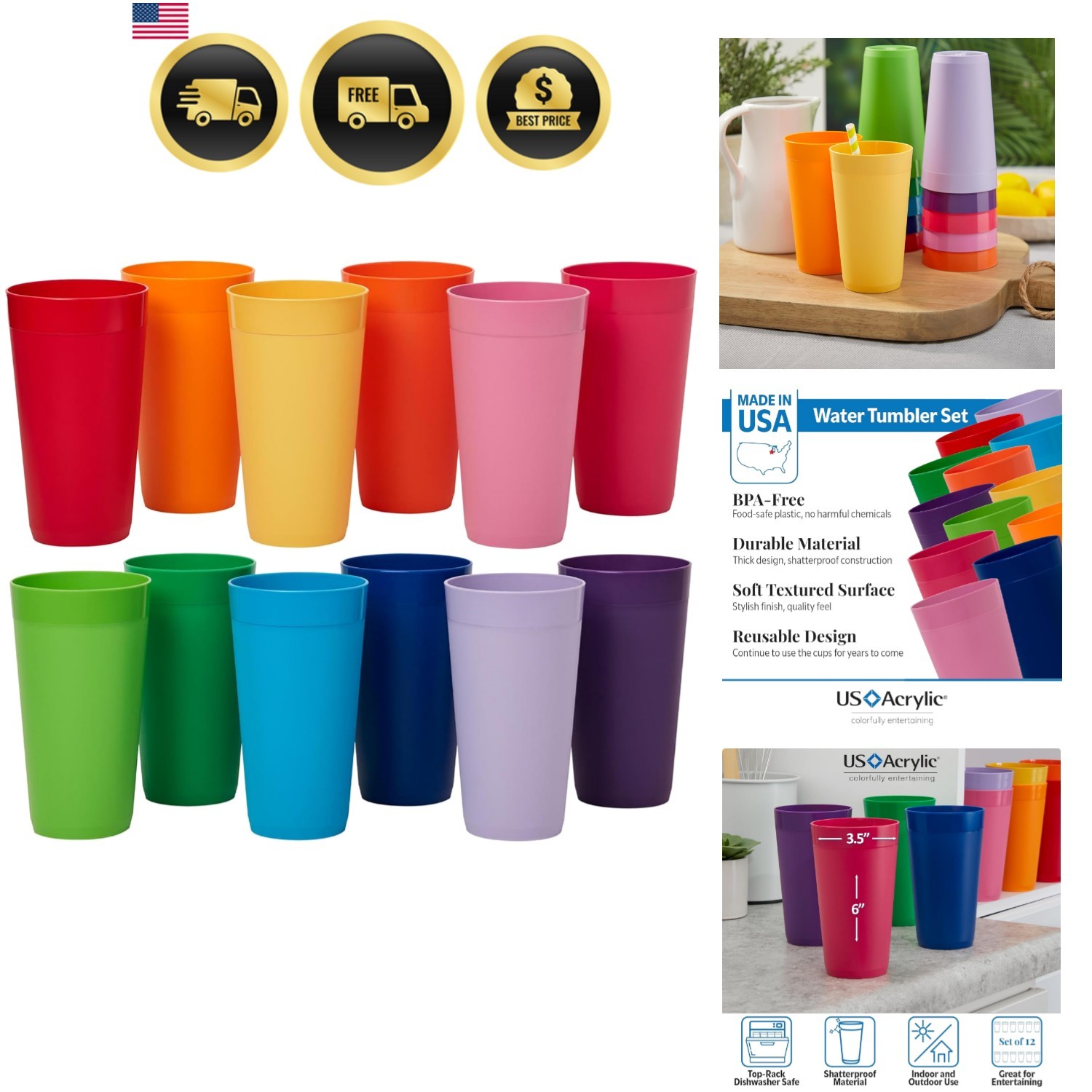 BPA Free Unbreakable Plastic Cups 20 Ounce 12 Pack Bright Colors Dishwasher Safe