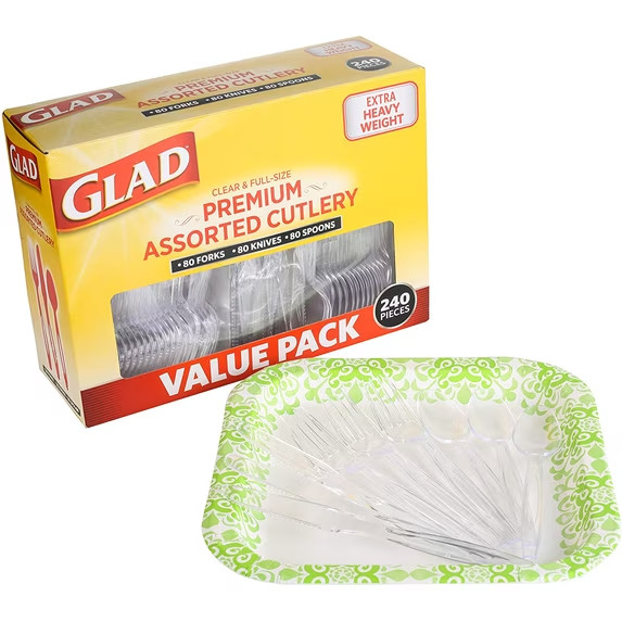Glad 240 Count Clear Plastic Cutlery Set Forks Knives Spoons Party Utensils