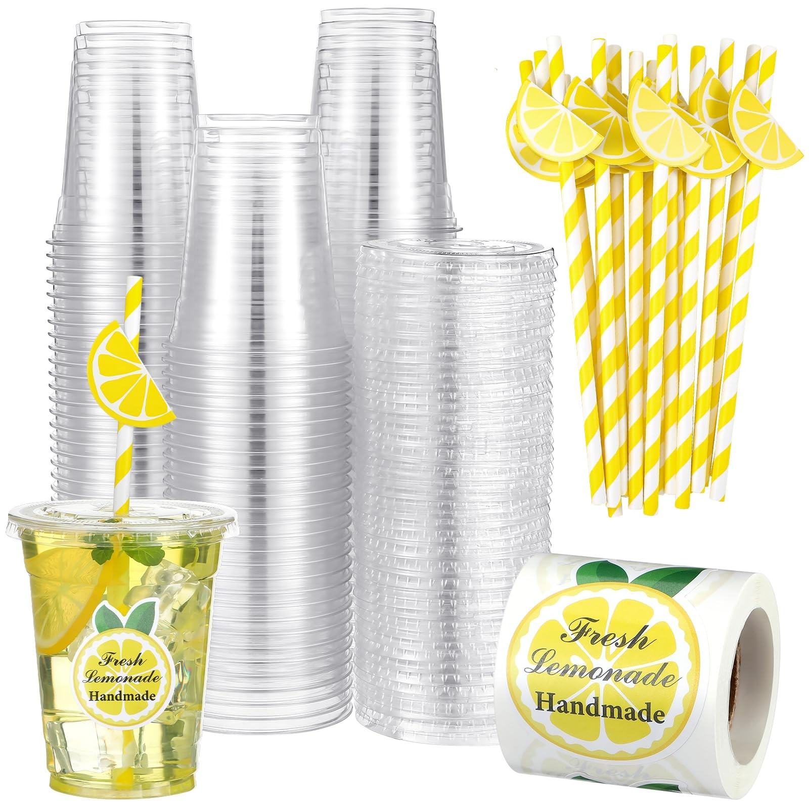 100 Sets Plastic Lemonade Cups with Lids and Straws Lemonade Stand Supplies 1…
