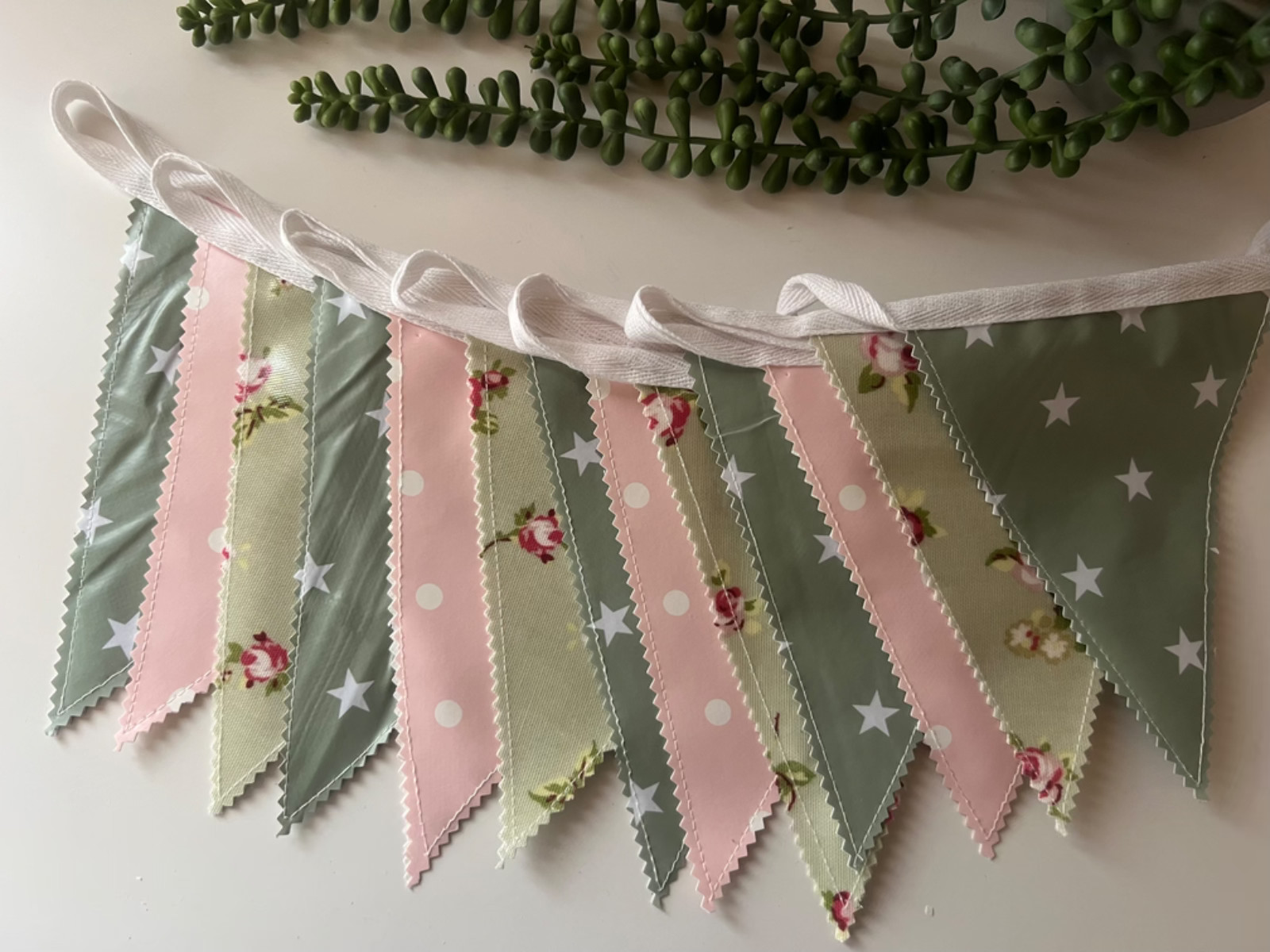 Handmade Outdoor Waterproof Bunting Sage Star Pale Pink Floral All Lengths