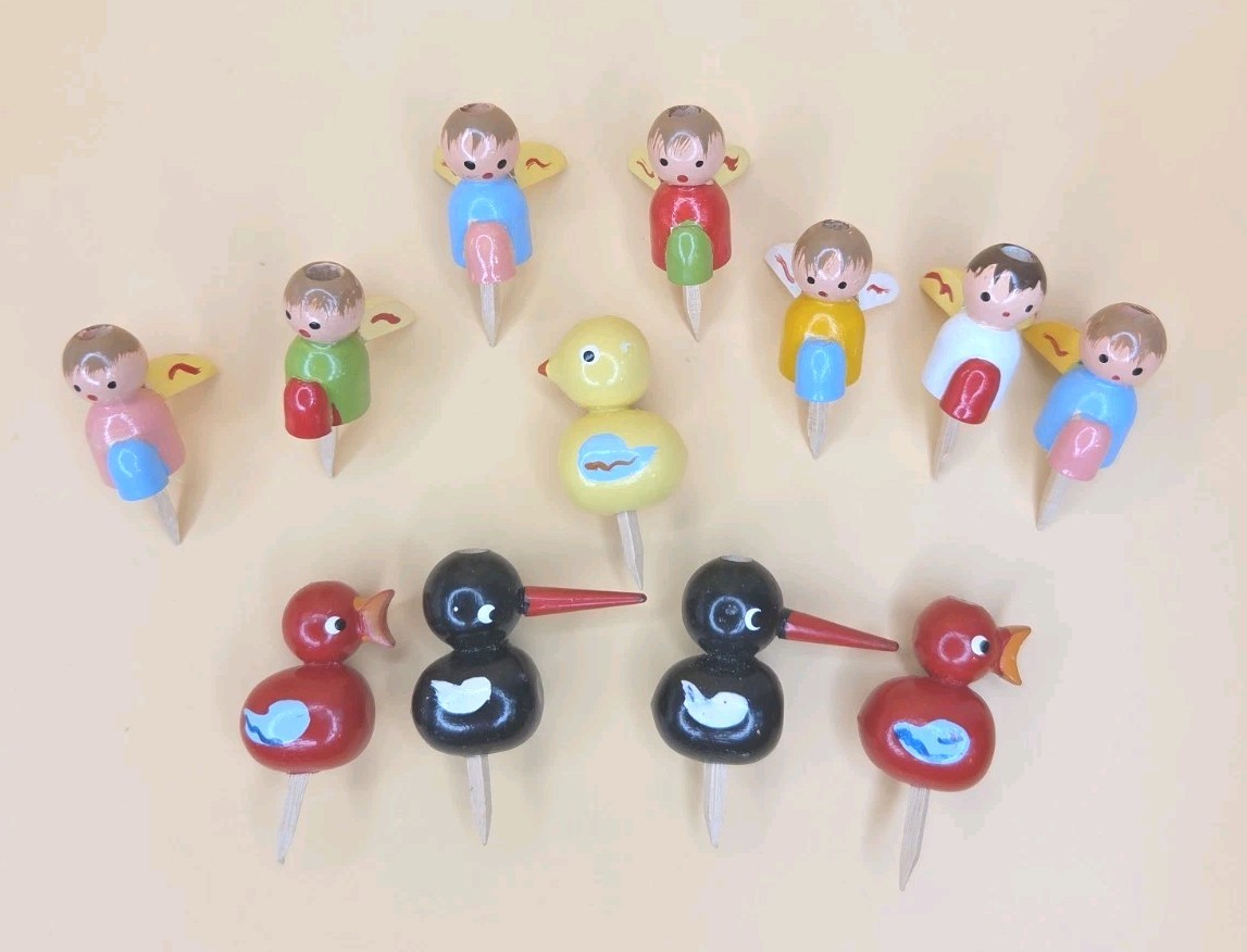Vintage Lot Of 12 Wooden Italy Cake Topper Picks Angels And Birds