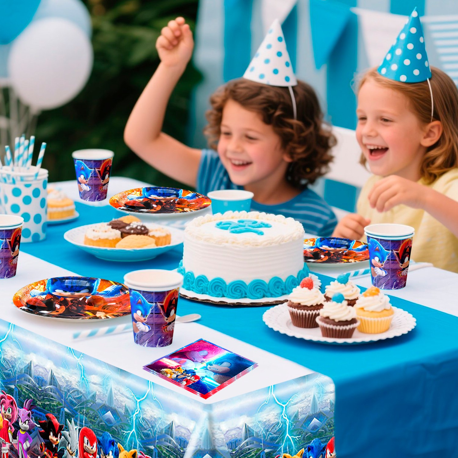 Sonic Party Supplies Tableware 118Pcs Sonic Tablecloth Banner Plates Napkins Cup