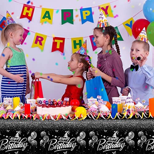 Happy Birthday Decorations-3pcs Birthday Tablecloth,Rectangle Sliver and Black