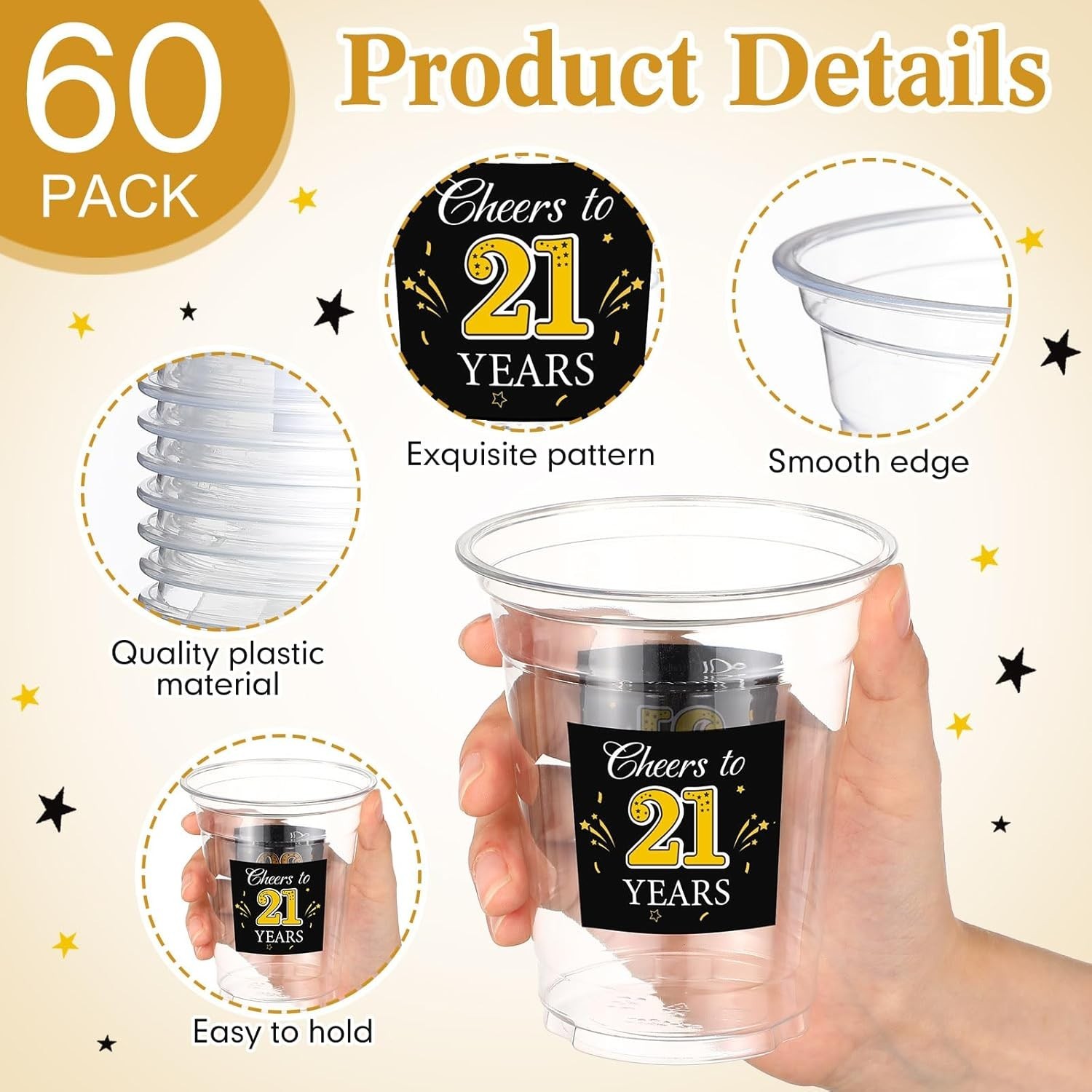 60 Pack 21st Birthday Cup 12 oz Cheers to 21 Disposable Clear Plastic Cups f…