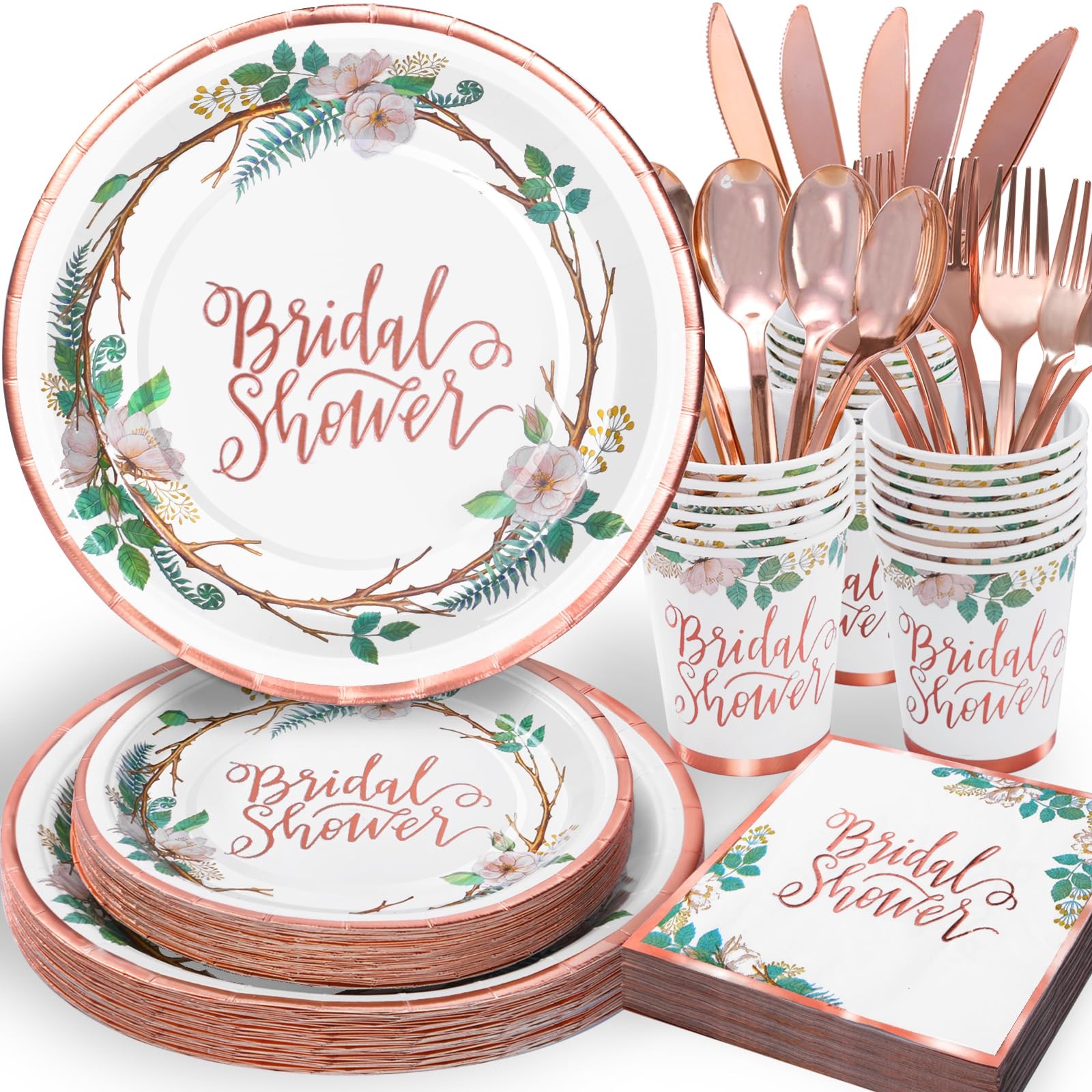 168 PCS Rose Gold Bridal Shower Decorations Plates Napkins Sets Floral Paper