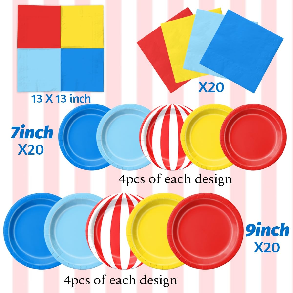 60 PCS Carnival Circus Theme Red Blue Yellow Party Tableware Plates Napkins