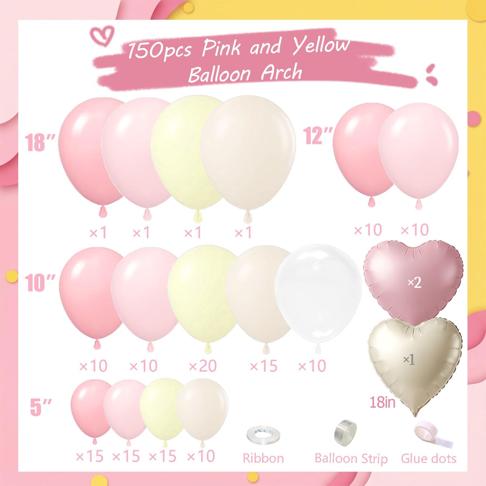 Pink and Yellow Balloon Arch Kit,150Pcs Pastel Pink Light Pink Yellow Sand Wh…