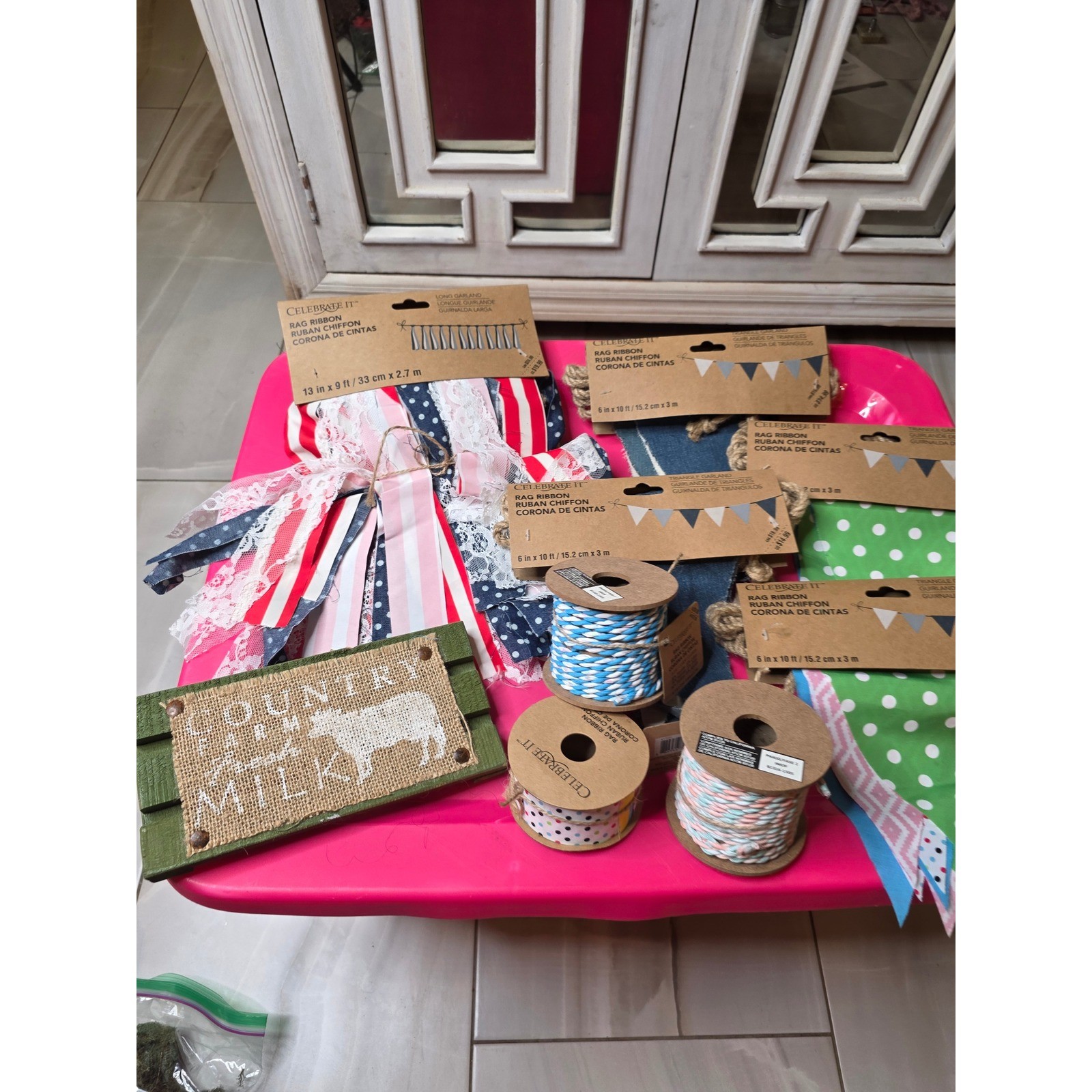 Celebrate It Rag Ribbon Garland Twine Lot Farmhouse Country Fresh Milk Sign NEW