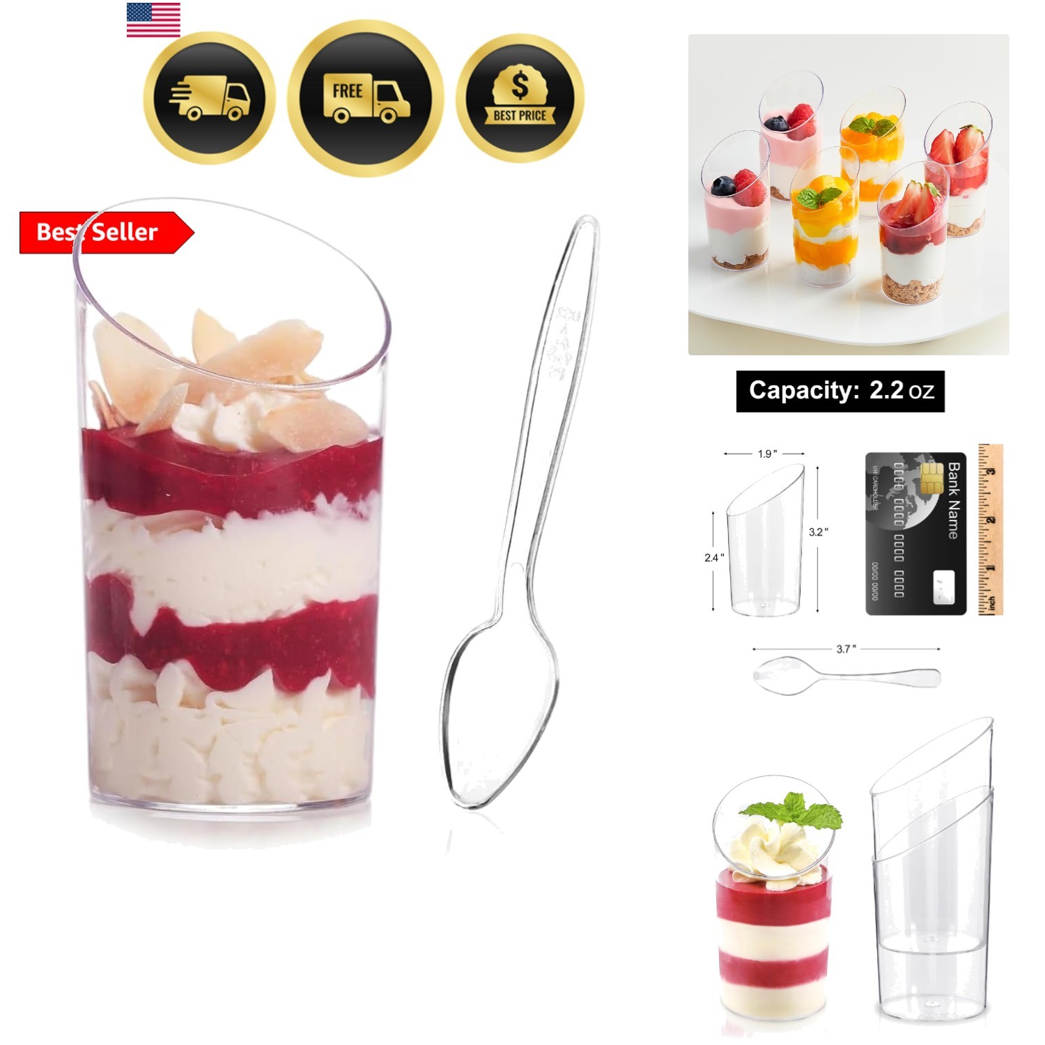 50 Pack Mini Slanted Dessert Cups with Spoons – 2.2 oz Plastic Parfait Cups R…