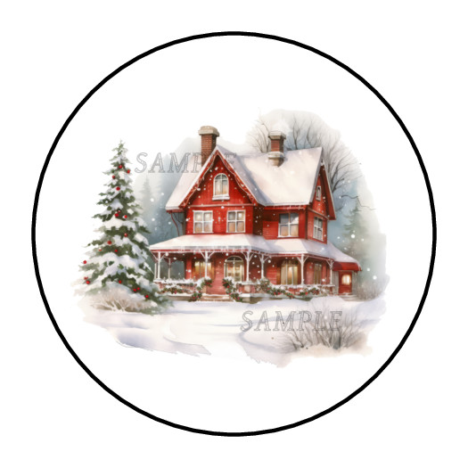 Snowy Cottage Christmas House Stickers Labels Tags Holiday Round Envelope Seals