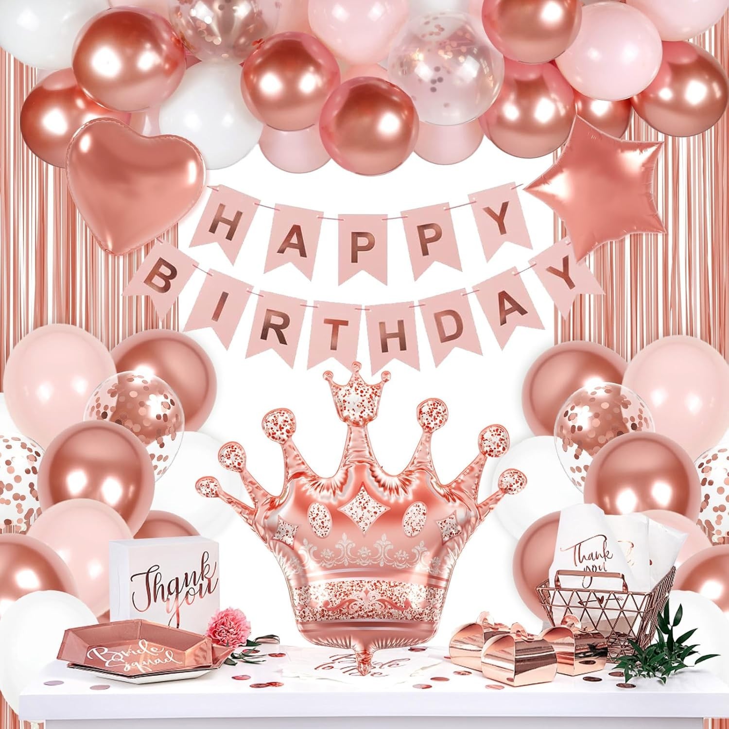 All-Inclusive Rose Gold Birthday Decorations for Women with Balloons and Banner