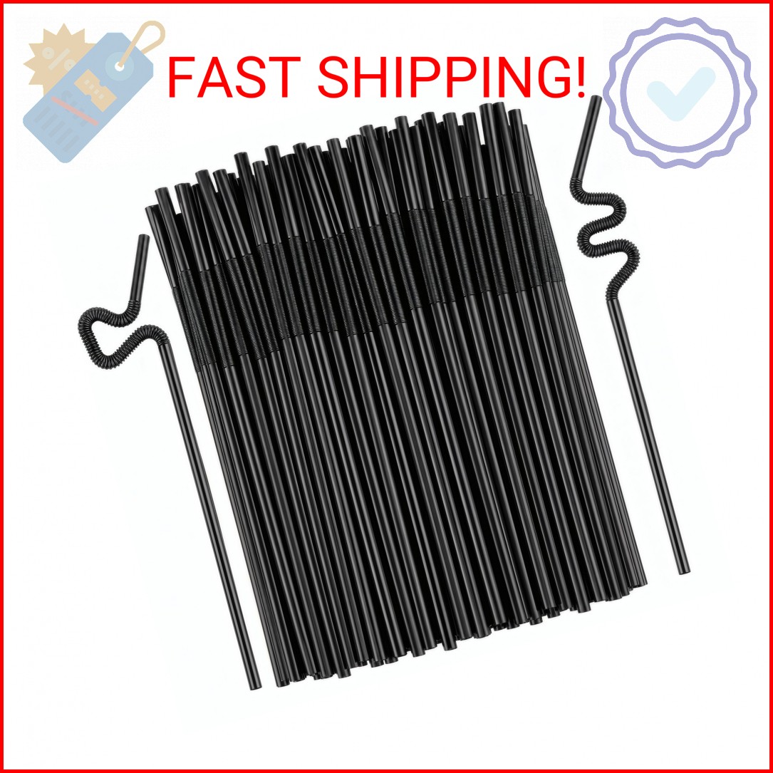 ALINK 200 PCS Black Flexible Plastic Straws, 10.23″ Long Stretch to 13″, 0.24″ D