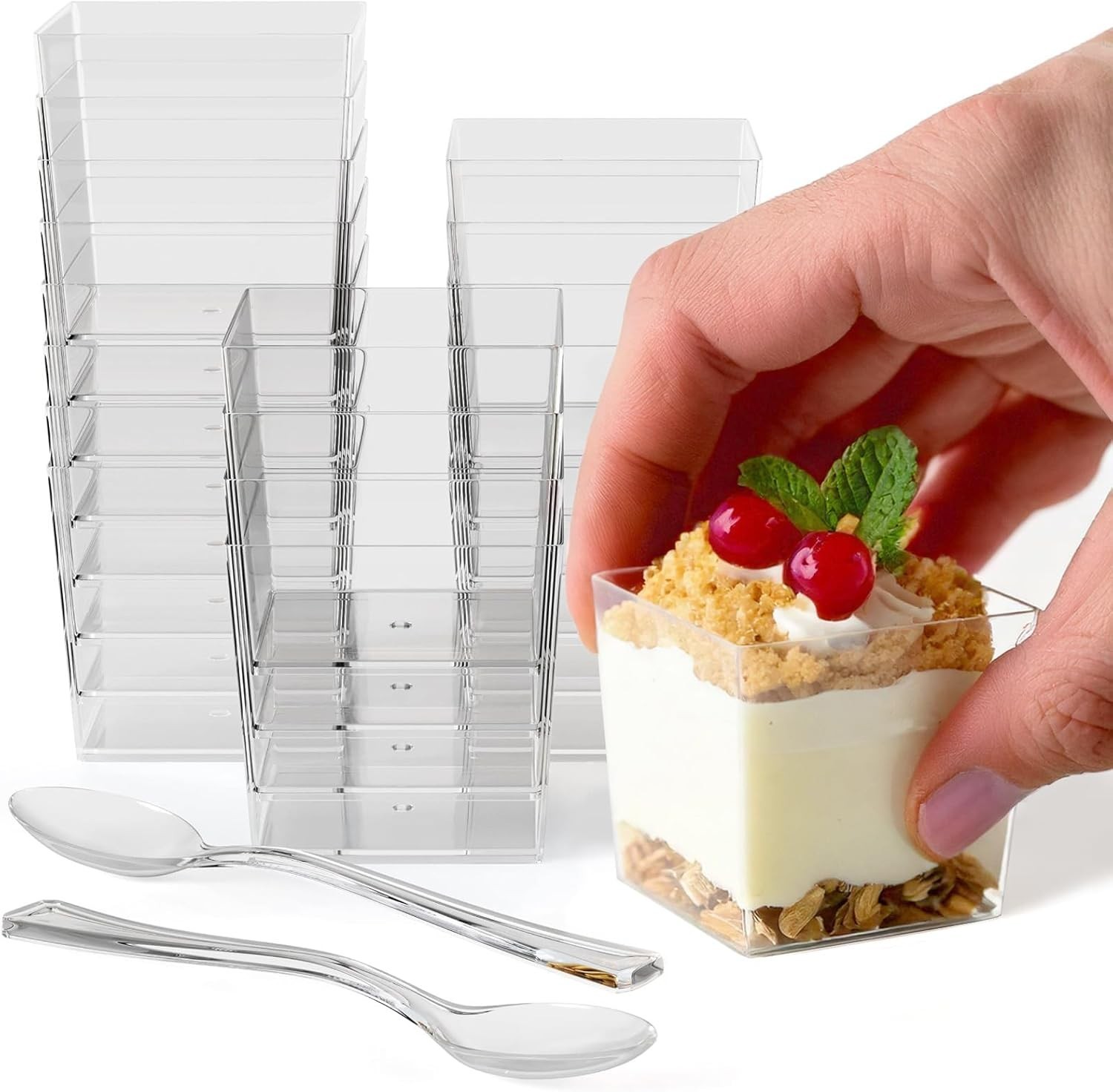 Mini Dessert Cups with Spoons 200 pcs – 3.1 Oz Square Plastic Dessert Cups Di…