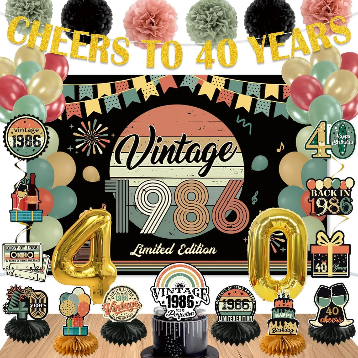 47Pcs 40Th Birthday Decorations for Men Women, PRE-STRUNG Vintage 1986 Banner Pa