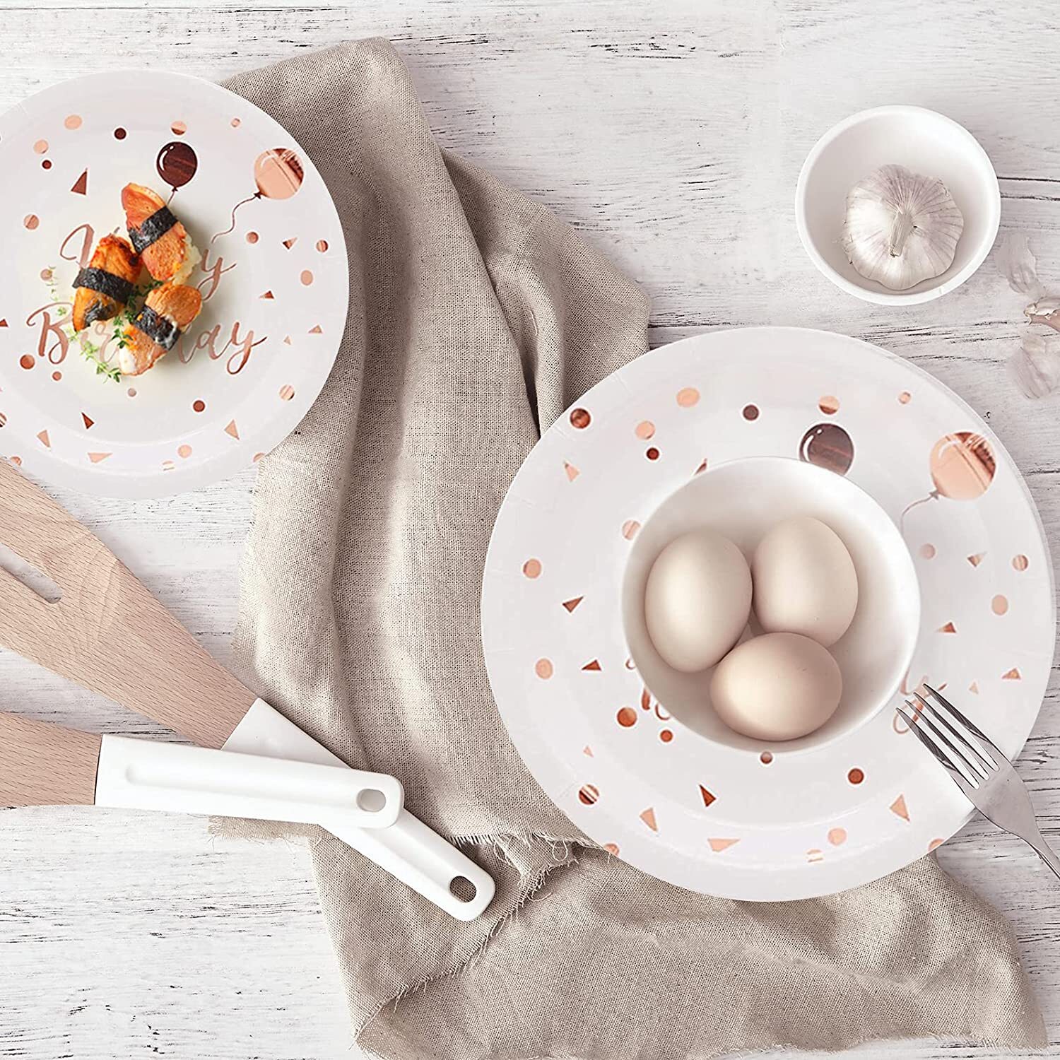 Rose Gold Dots Paper Plates – White & Rose Gold Birthday Party Supplies