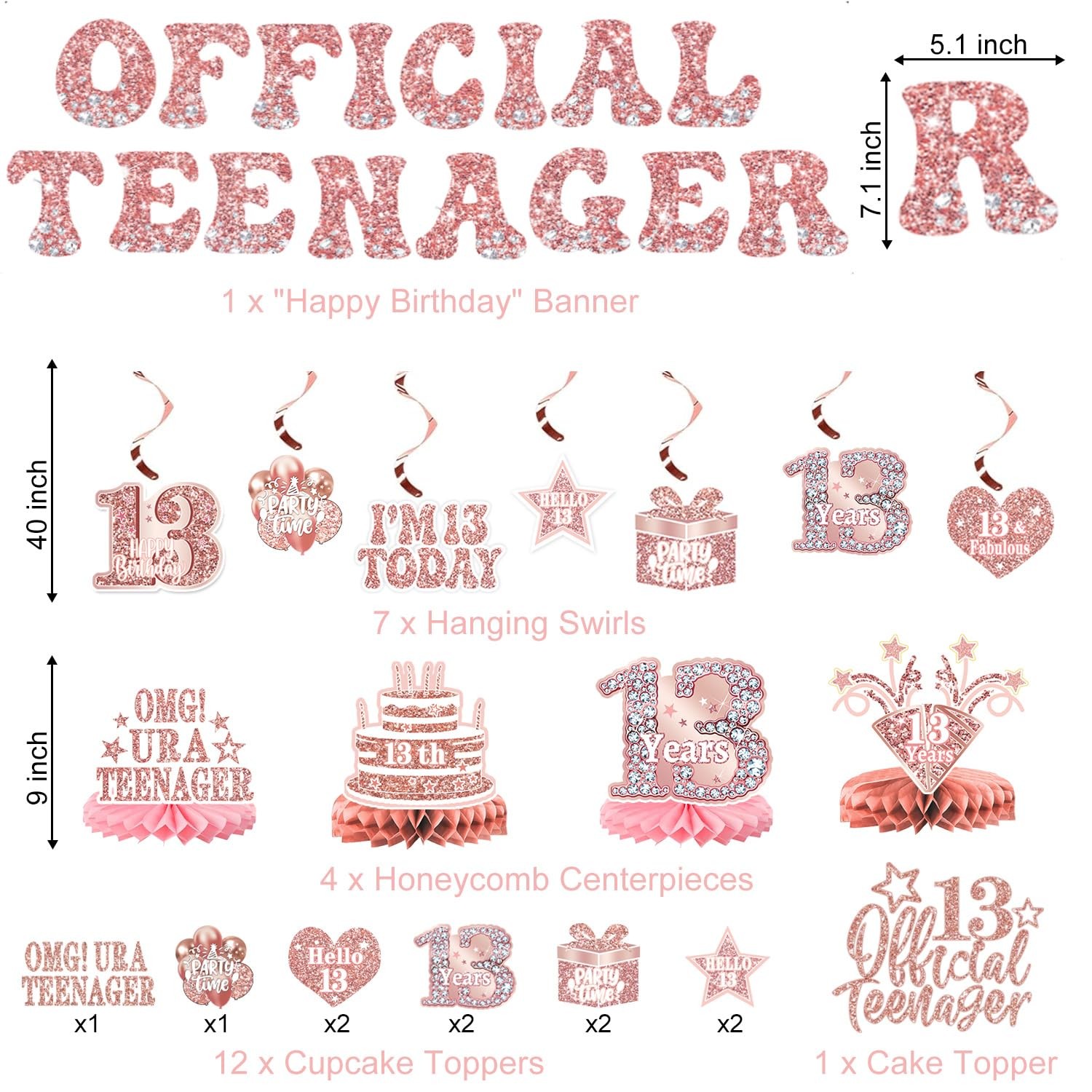 13th Birthday Decorations for Girls – 58pcs Backdrop, Balloons, Centerpieces