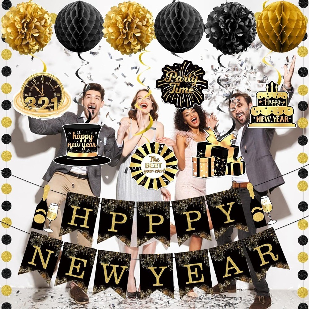 Happy New Year Banner: New Years Decorations Gold Black Paper Flag Bunting Swirl