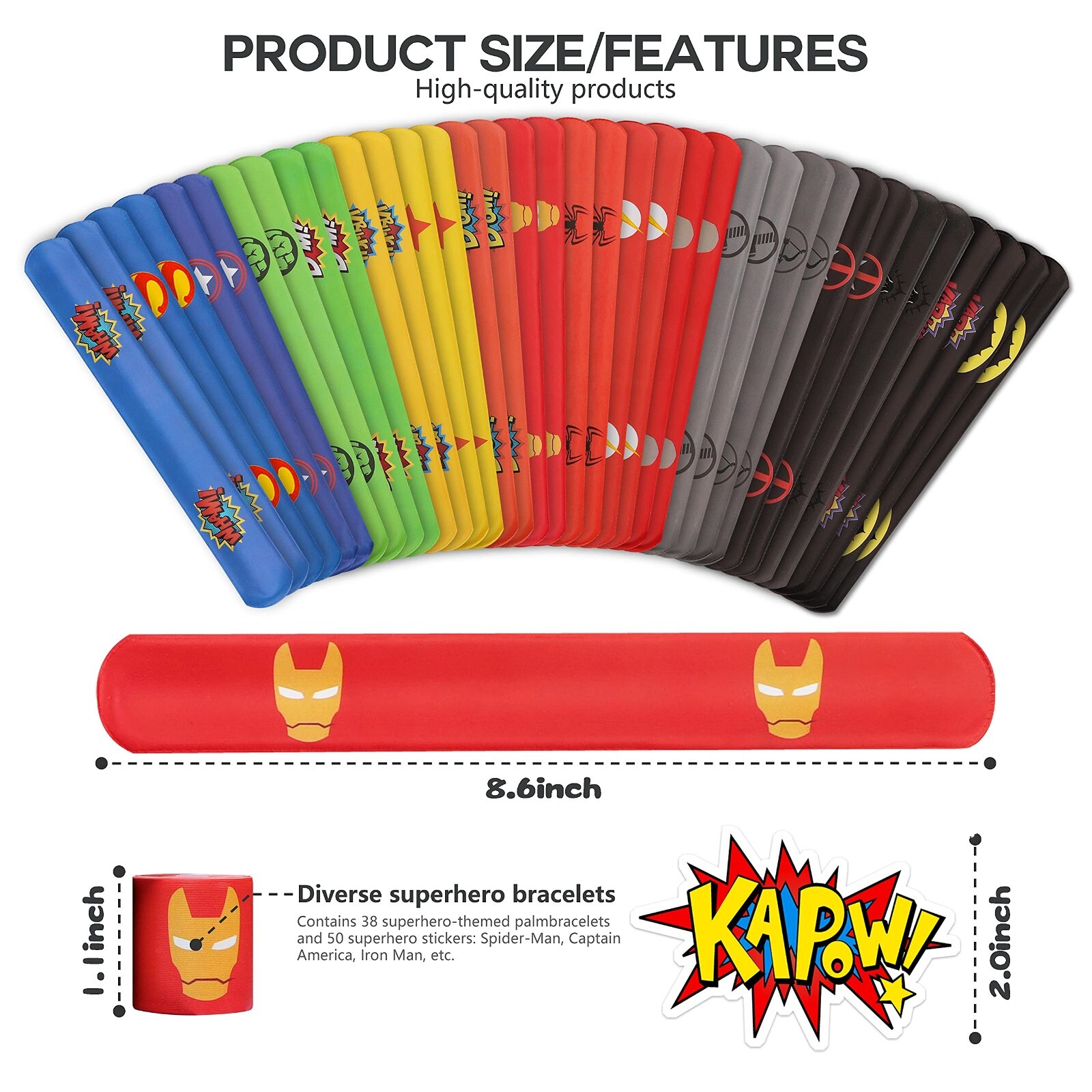 88Pcs Superhero Slap Bracelet w/ Superhero Stickers for Kids Boys & Girls