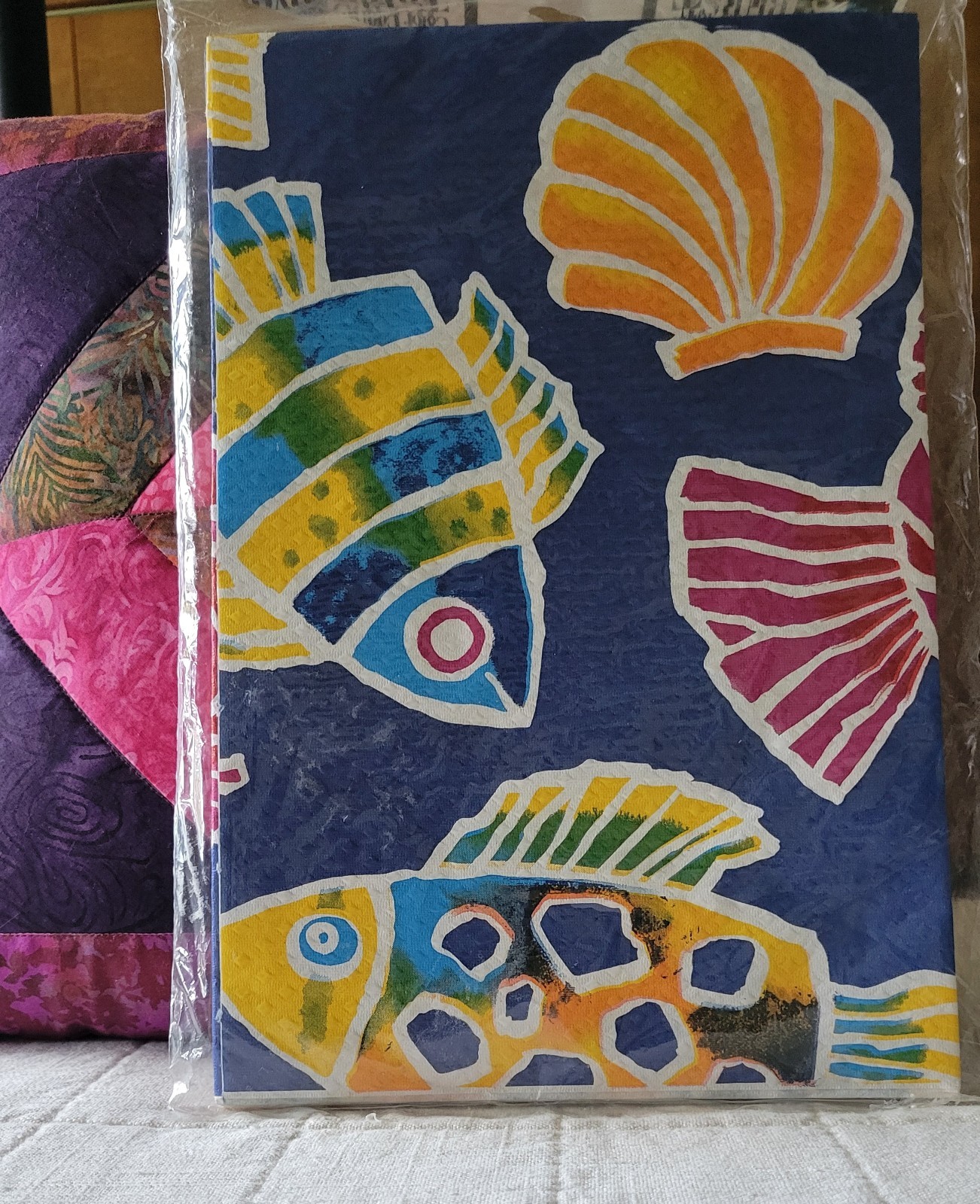 VTG 90s Color Burst Tablecover Fish Pattern Tropical Party Multicolor 47 x 94.5″
