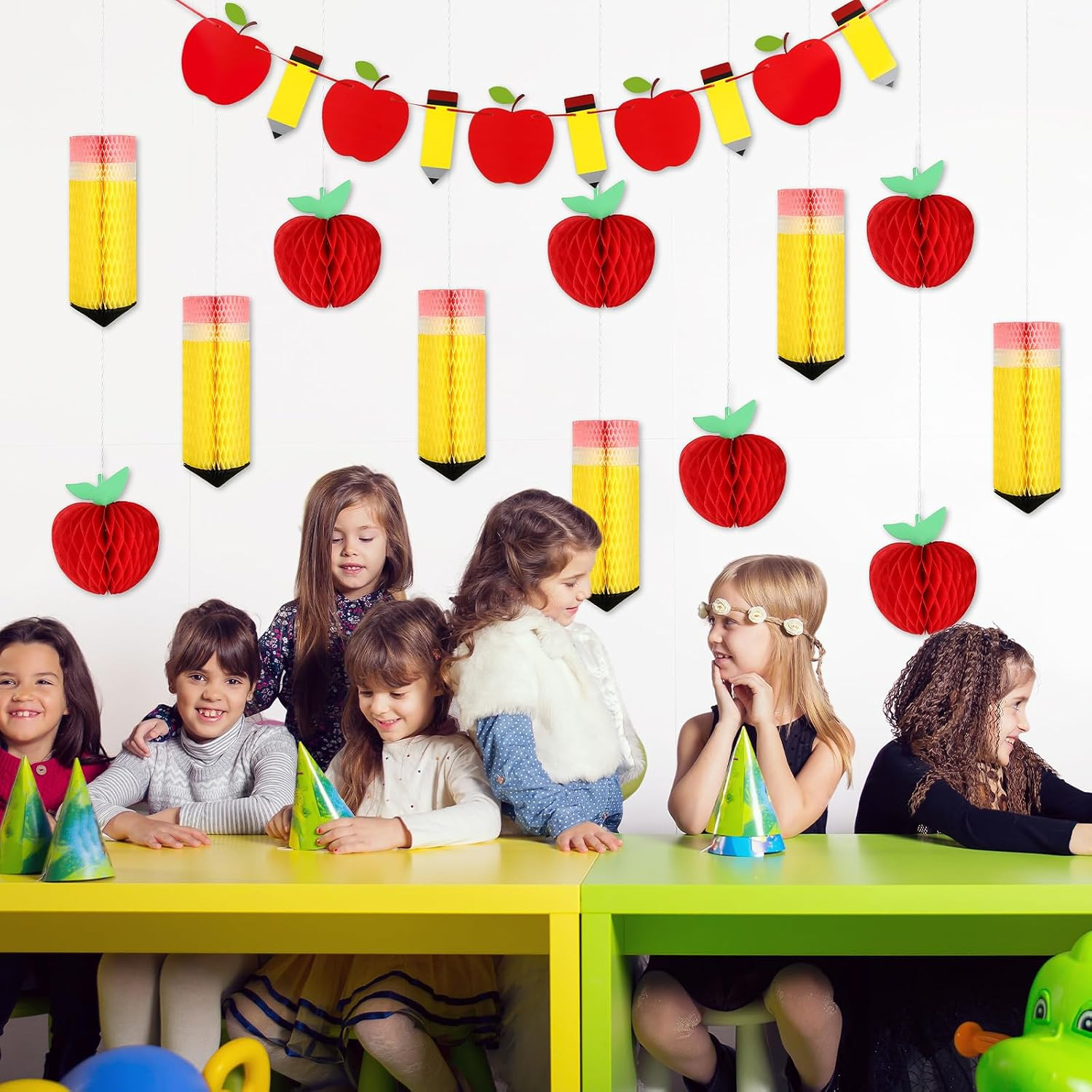 13Pcs Back to School Hanging Decorations Pencil Apple Hanging Honeycombs Classro