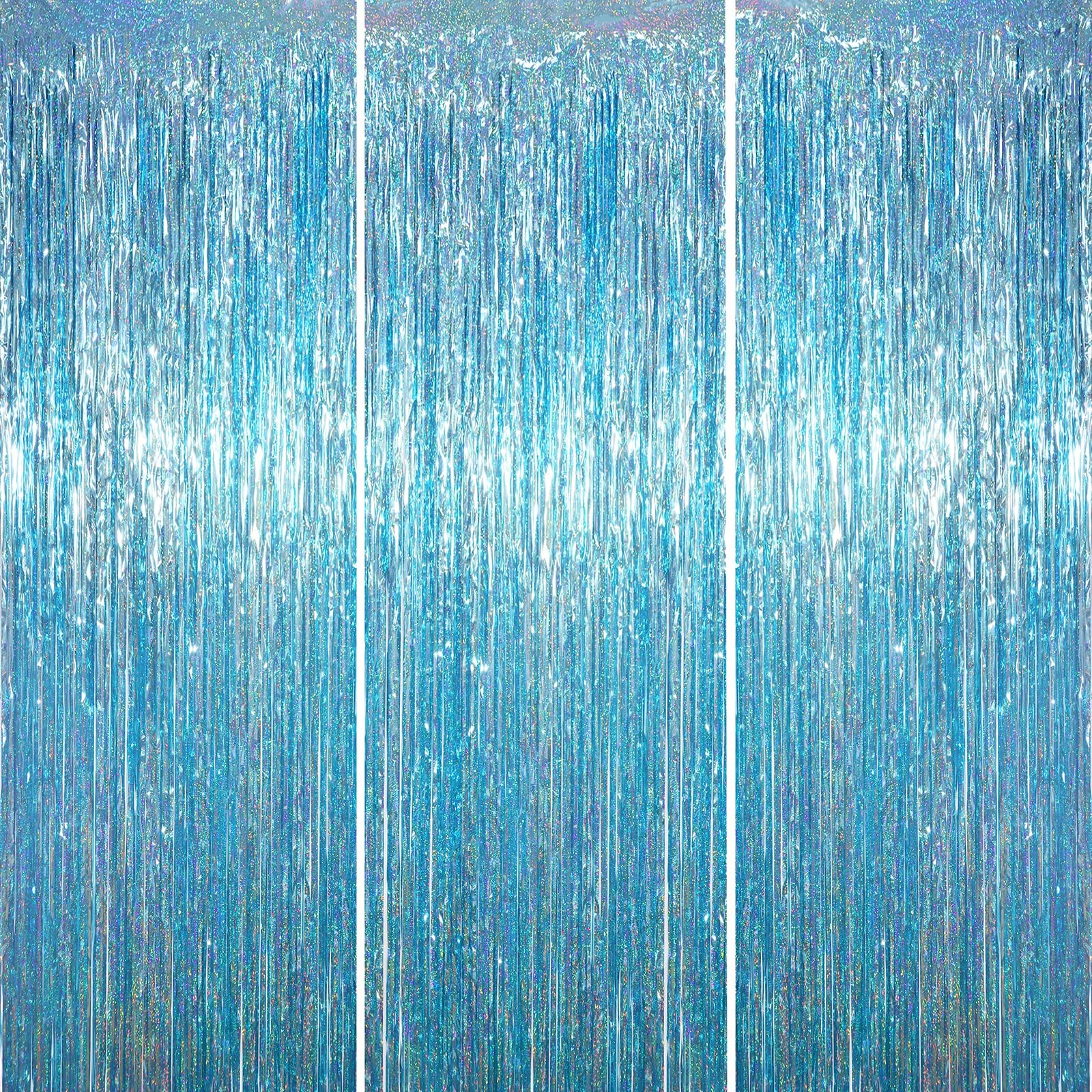 3 Pack 3.3 x 6.6 ft Light Blue Foil Fringe Backdrop Curtains, Tinsel Streamer…