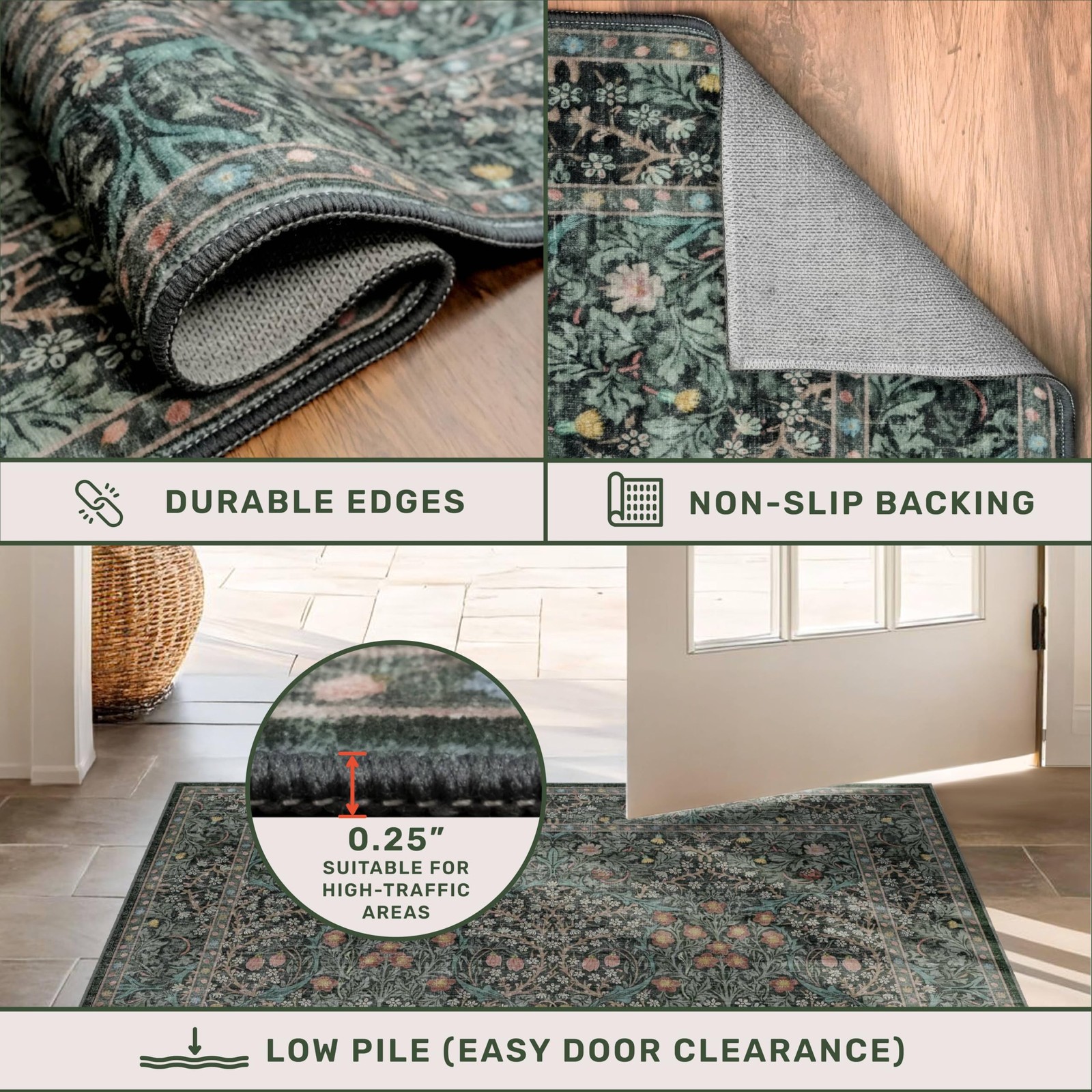 8ft Long Runners for Hallways Non 2’6″ x 8′ (Runner), Dark Green / Black