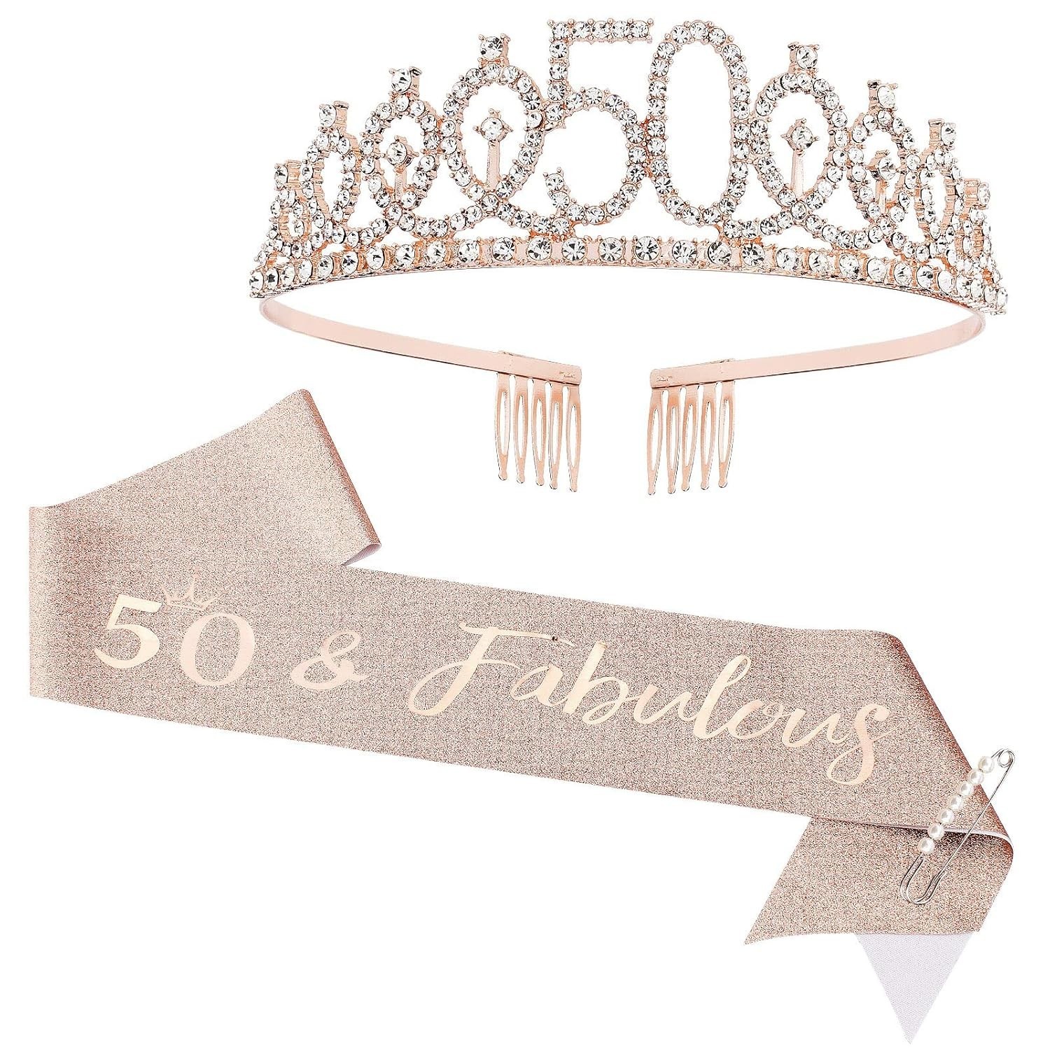 Modern 50th Birthday Sash and Adjustable Rhinestone Crown – Celebration Ready