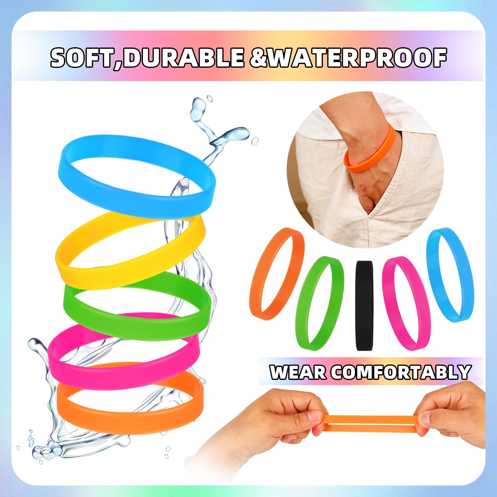 50 Pieces Solid Color Rubber Bracelets Silicone Wristbands, Stretch Colored R…