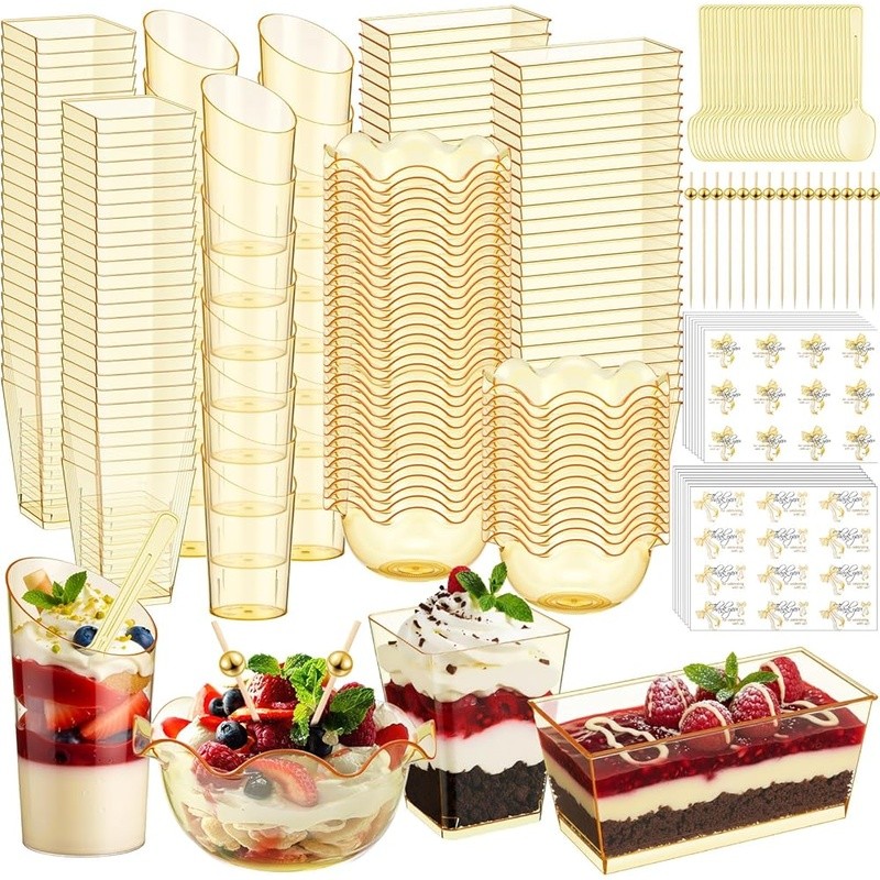 Plastic Dessert Bowls Set 180PCS Clear Cups Spoons Picks Thank You Stickers New