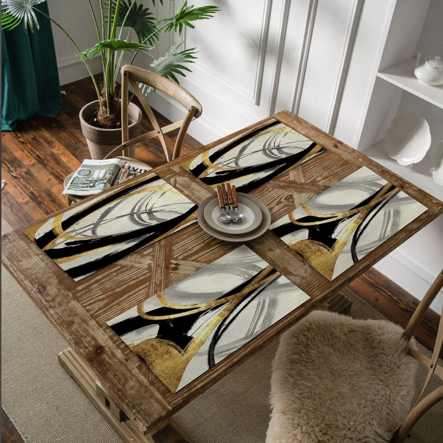 Abstract Black White and Gold Placemats Set of 4, Modern Contemporary Placemats