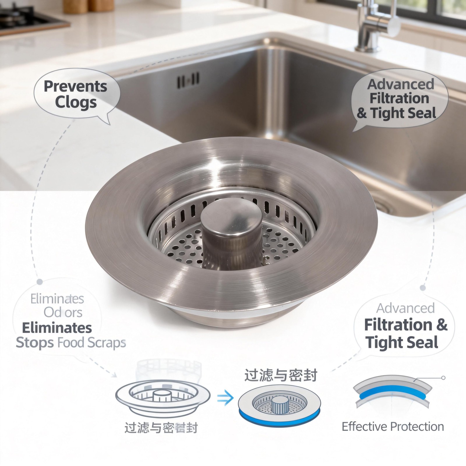VANCOCO Kitchen Sink Drain Strainer 3-in-1 Pop Up Design, 304 Stainless Steel wi