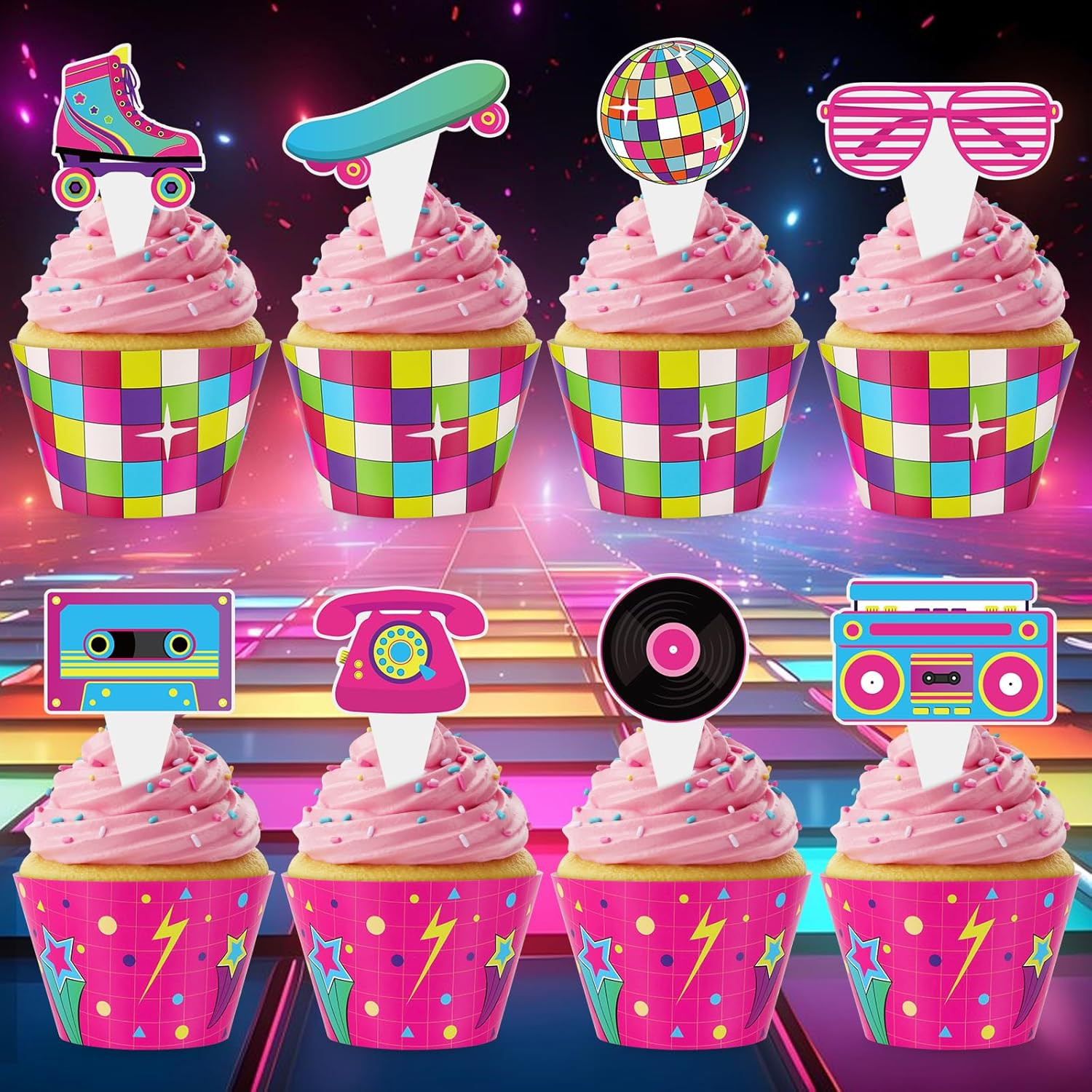 48 Pack Retro Cupcake Toppers and Wrappers, Retro Neon Party Cake Decoration for
