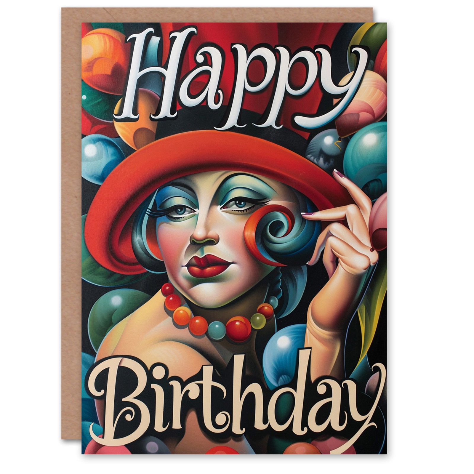 Birthday Card Art Deco Woman Top Hat and Balloons For Her Woman Greeting Card