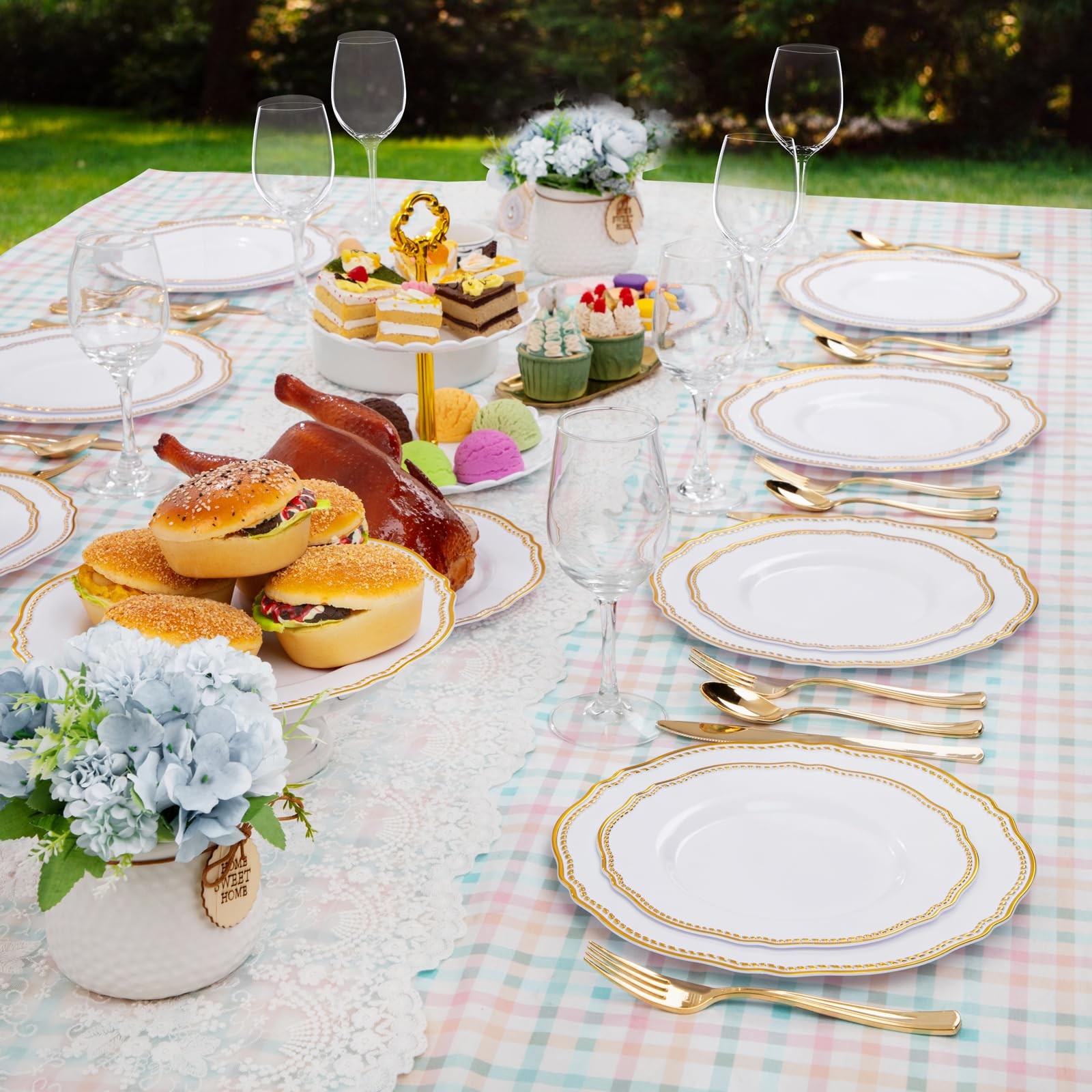 60pcs Gold Plastic Plates – White and Gold Disposable Dinnerware with Gold Ri…