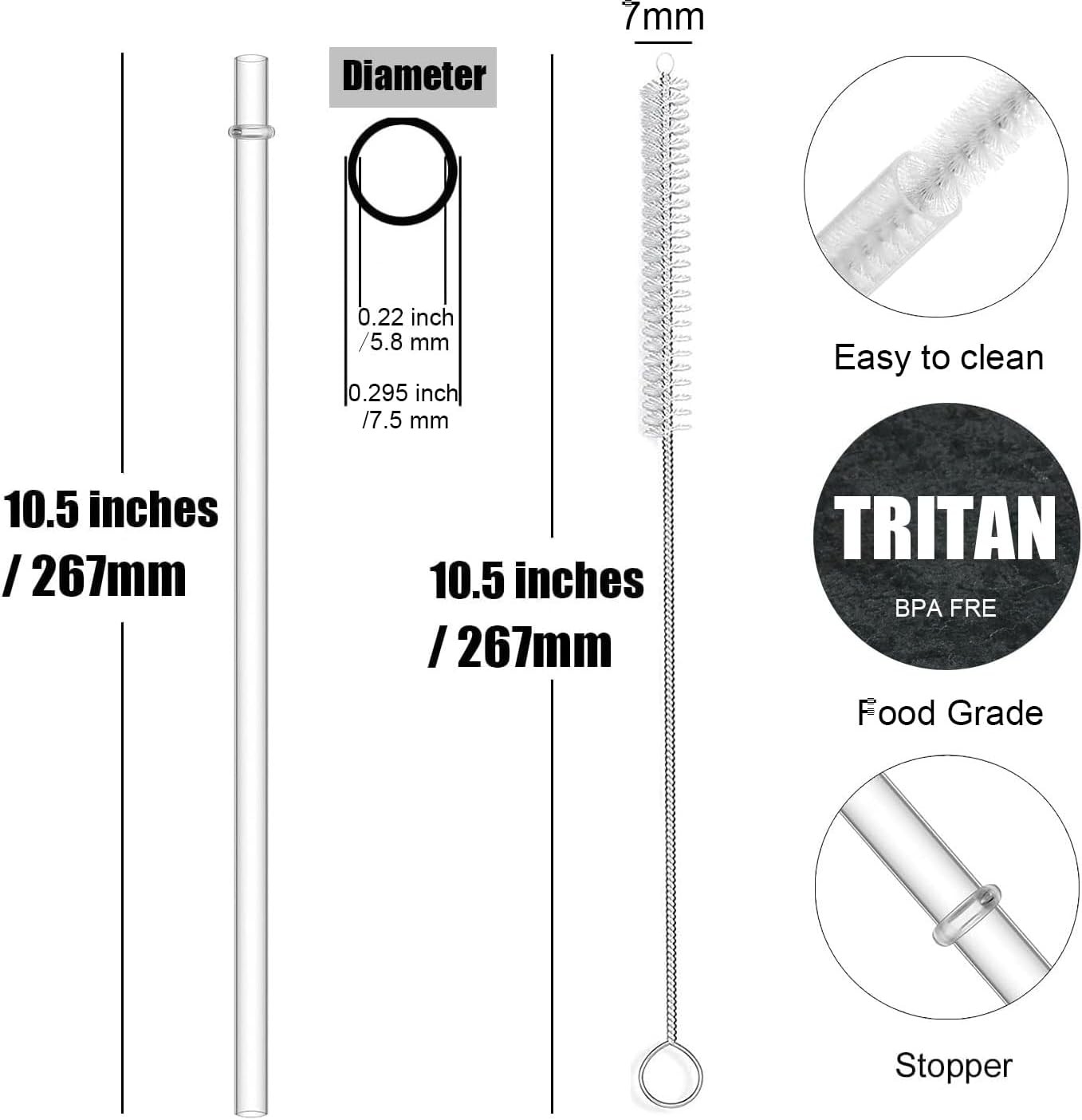 12 Pack Reusable Hard Plastic Clear Straws 10.5 Inch Tumbler Straws Wit