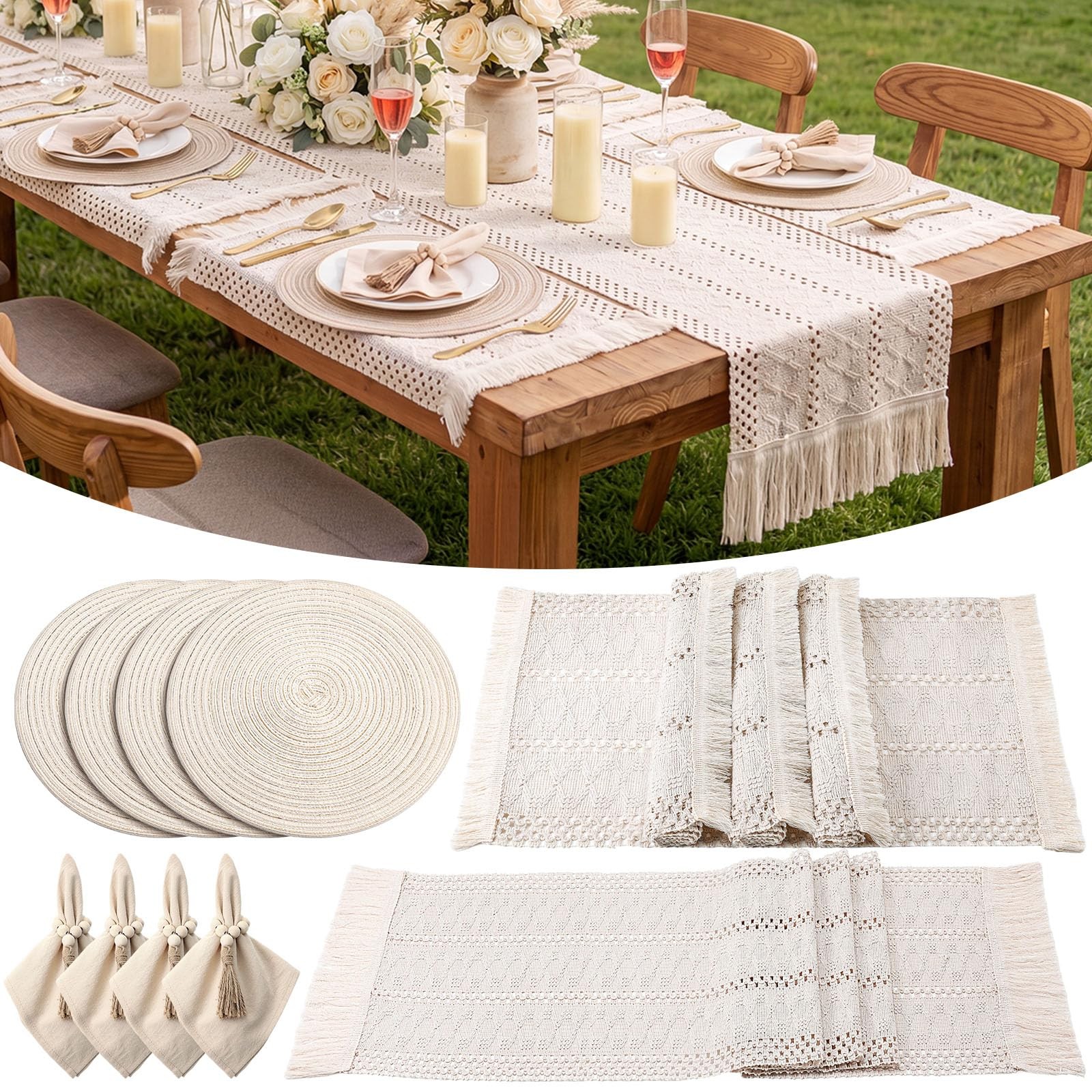 Gandeer 4 Sets Boho Place Mats Set Round Woven Placemats, Cloth Napkins, Wood Be