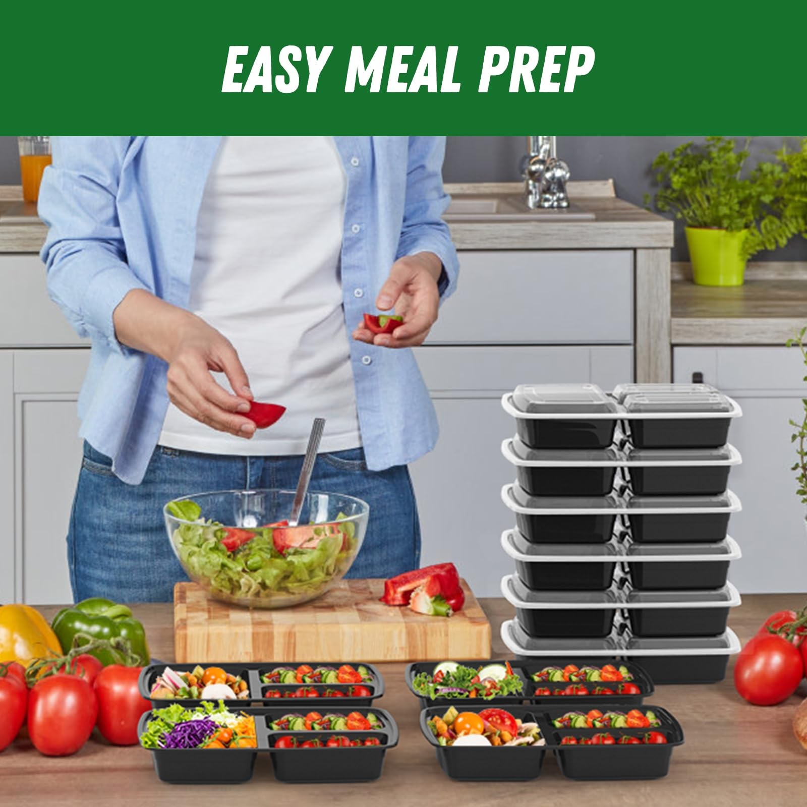 50 Pack (100-Piece) 32 oz Meal Prep Containers Reusable with Lids 3-Compartment,