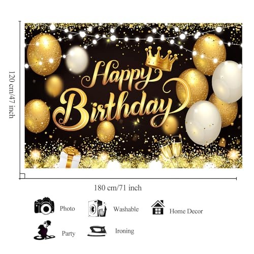 180×120 cm Gold Happy Birthday Party Backdrops Cloth 71×47 in. Glitter Black
