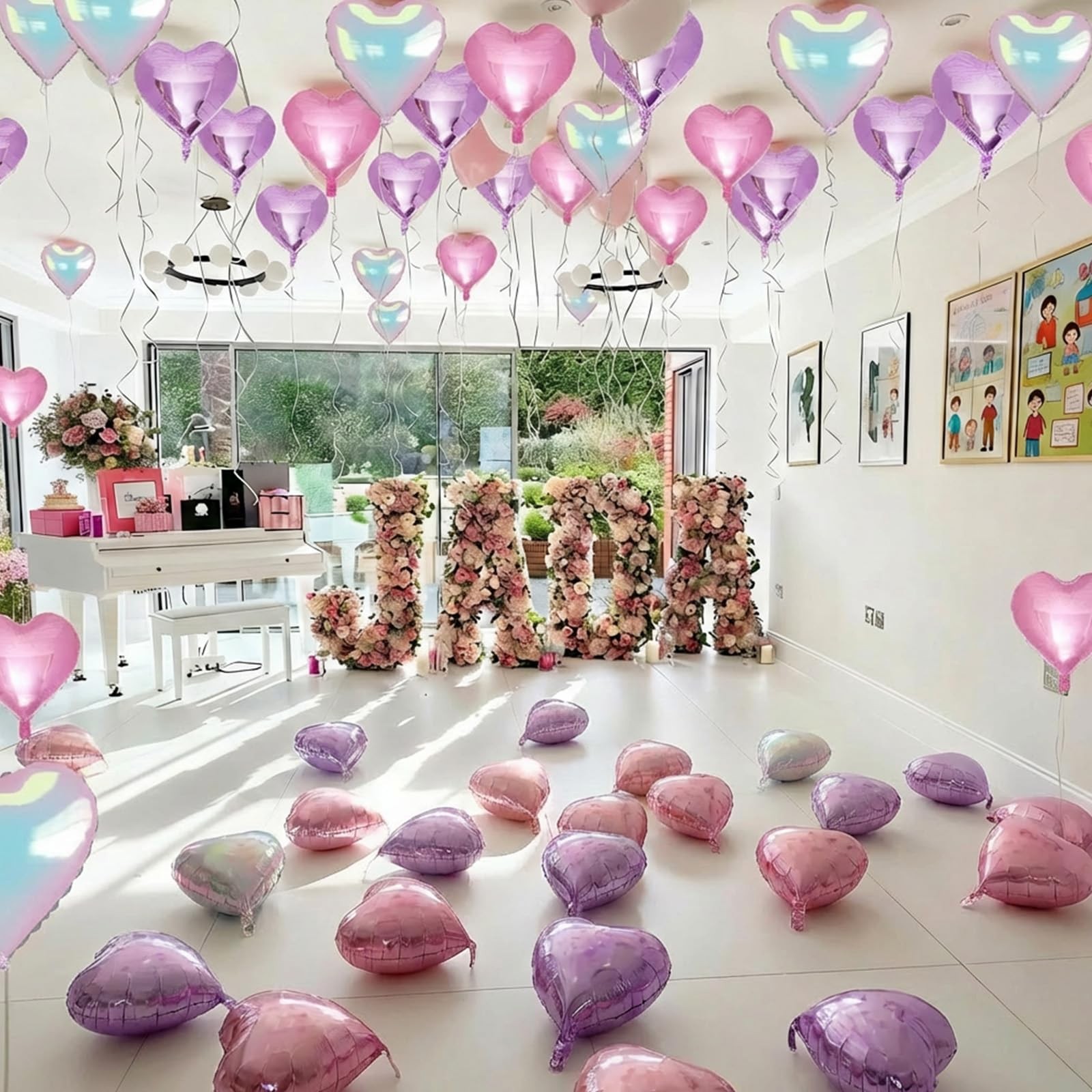Pink Purple Iridescent Heart Balloons, 12 Pcs Light Pastel Pink Lavender and .