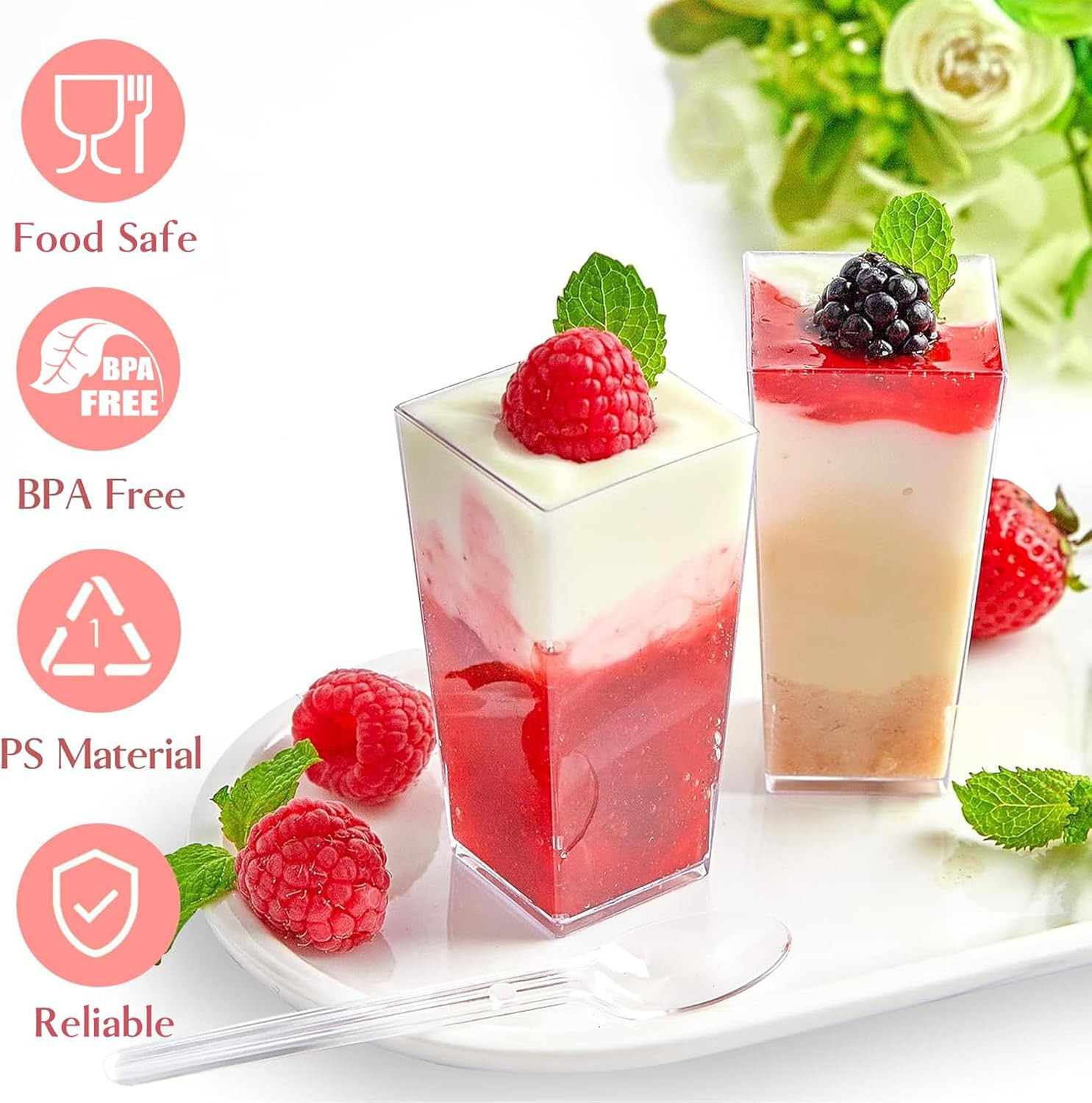 50 Pack 3 Oz Square Mini Dessert Cups with Spoons Clear Plastic Dessert Shooter