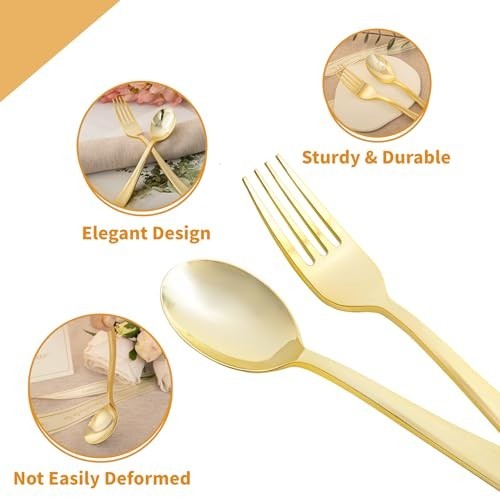 100PCS Heavy Duty Gold Plastic Cutlery Set – 50 Spoons & 50 Forks for Parties, W