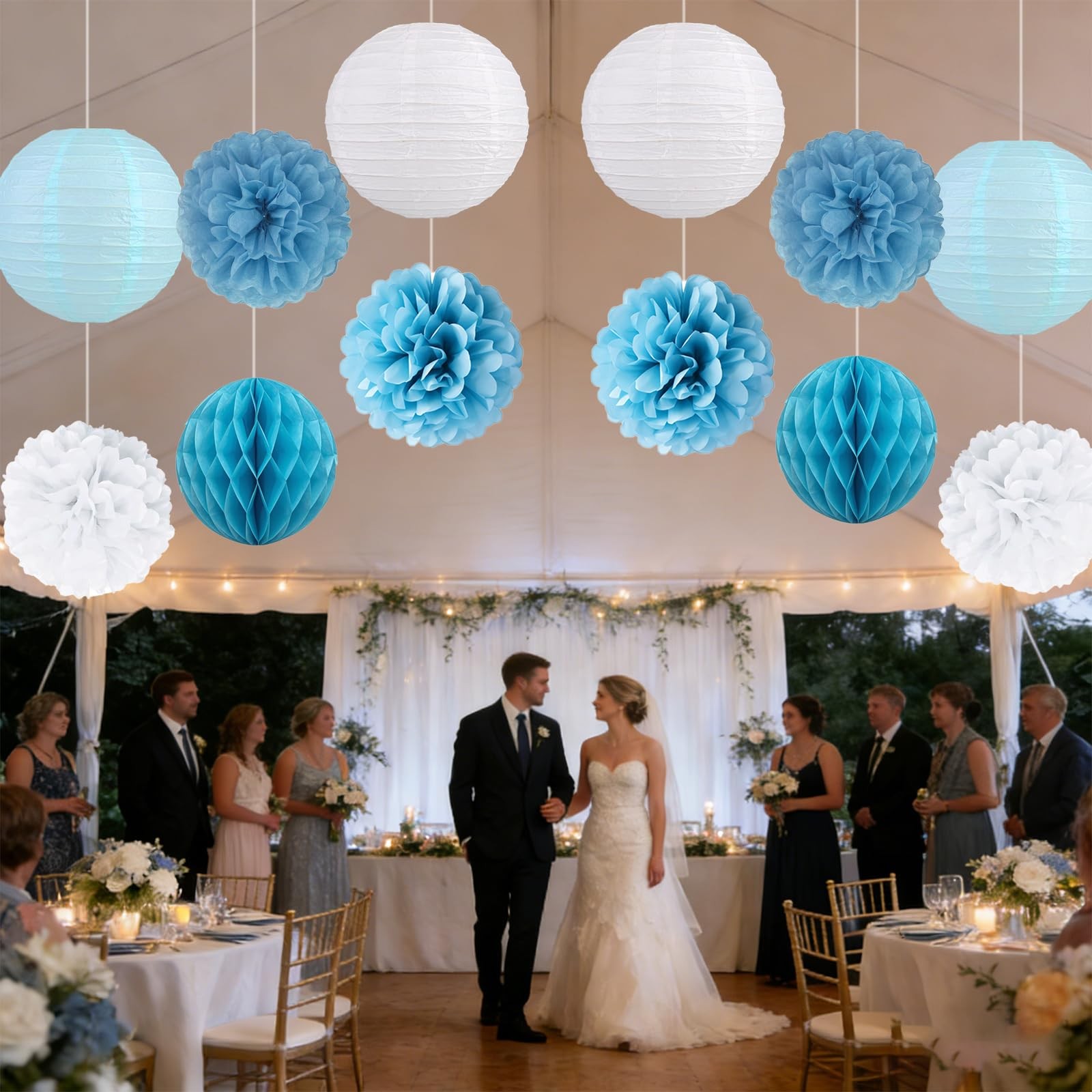12 PCS Dusty Blue White Hanging Paper Flower Lantern Tissue Pom Pom Party