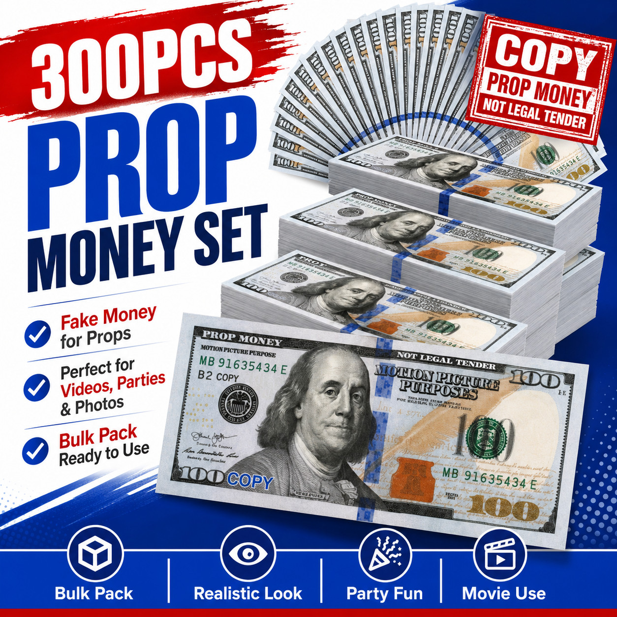 $100 Dollar Bills Prop Motion Picture Money $30,000 Dollars Total Party Props!!