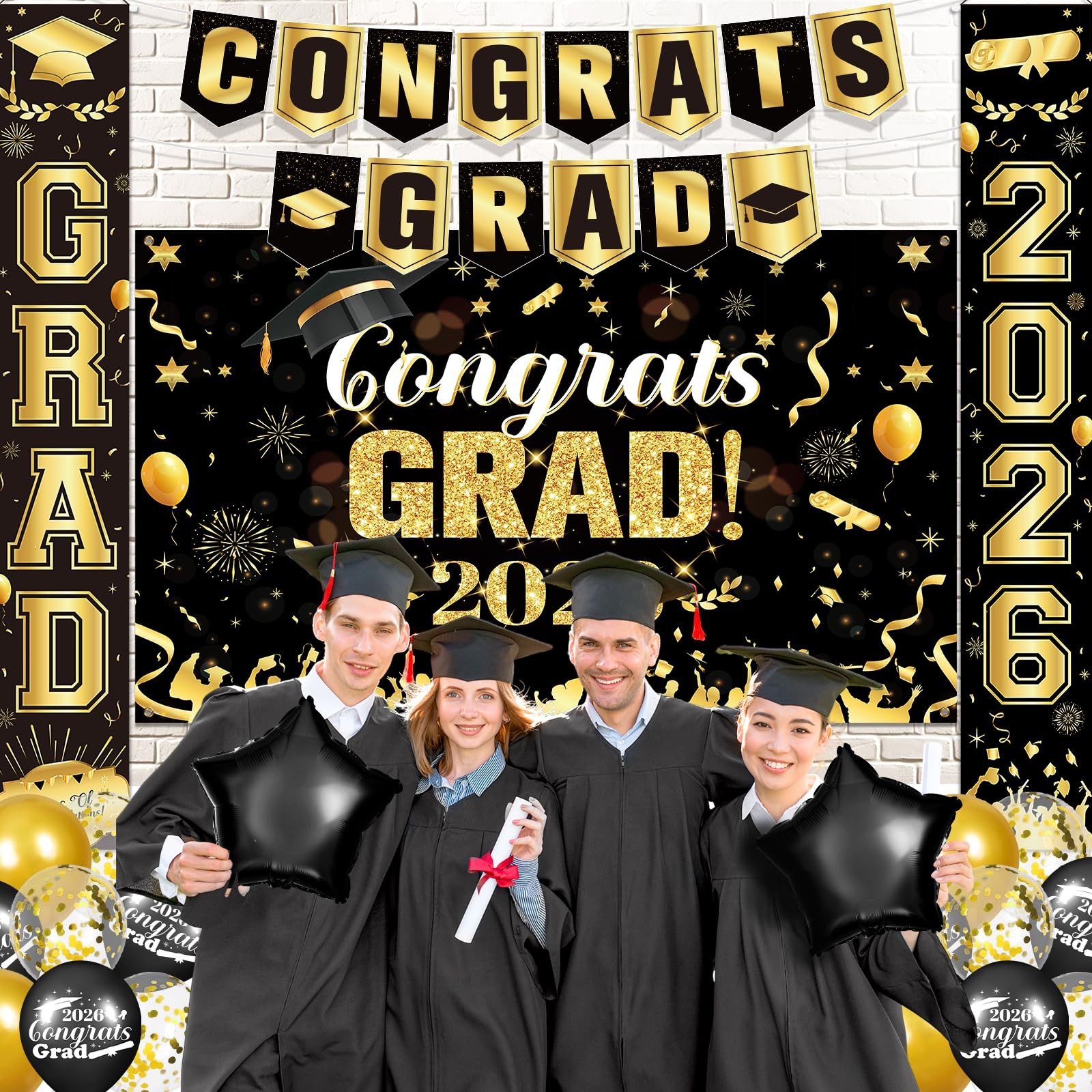 Black Gold Graduation Decorations 2026 Congrats Grad Party Supplies Set Fabri…