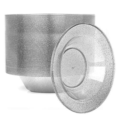 12oz Plastic Bowls Set of 100 – Silver Glitter 12 oz Heavy Duty Dessert Disposab