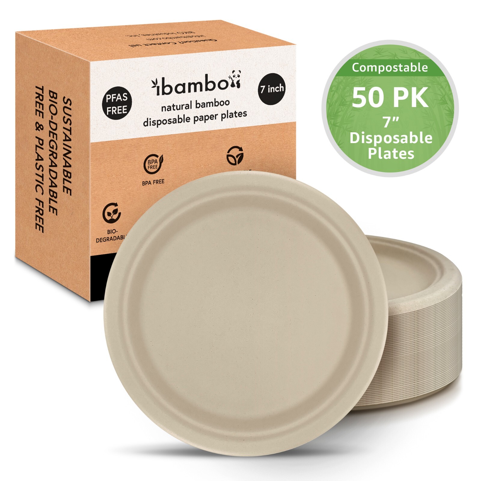 Ibambo Bamboo Disposable Paper Plates – 7 Inch, 50 Pack, Compostable Plates