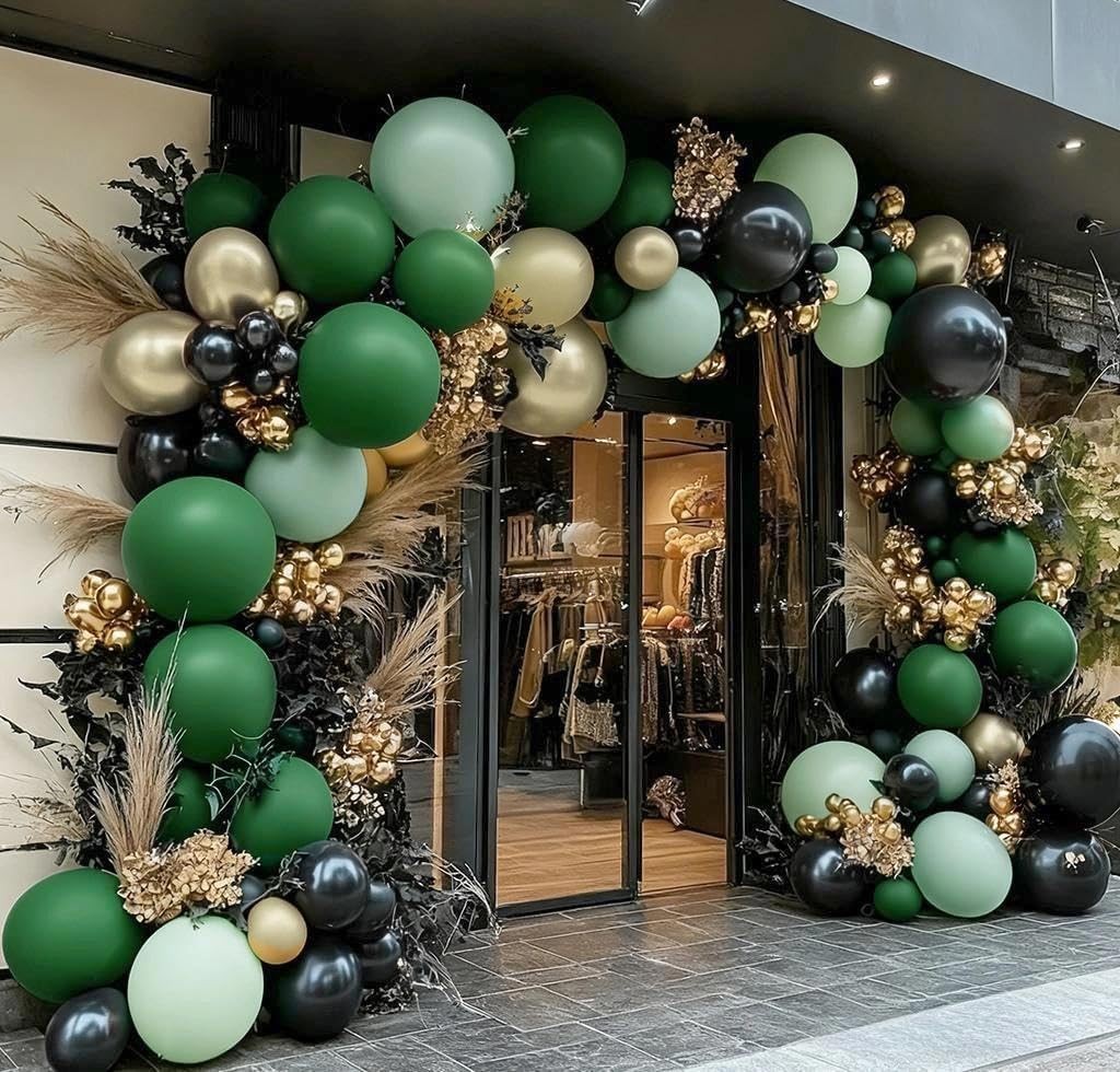 Green Gold Balloon Arch, Double Stuffed Black Gold Sage Emerald Dark Green Ba…