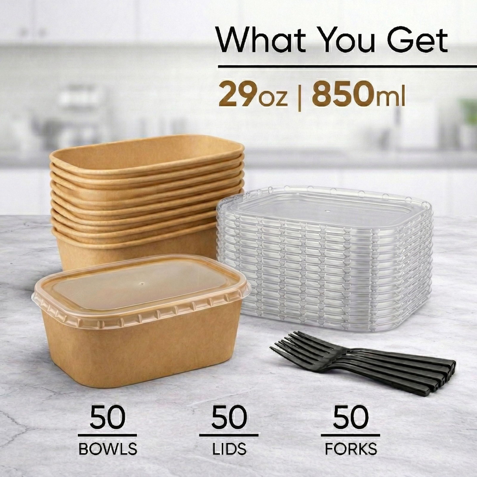 Disposable Meal Prep Containers 50 Pack 29oz Kraft Paper Bowls Lids Leafiew Safe